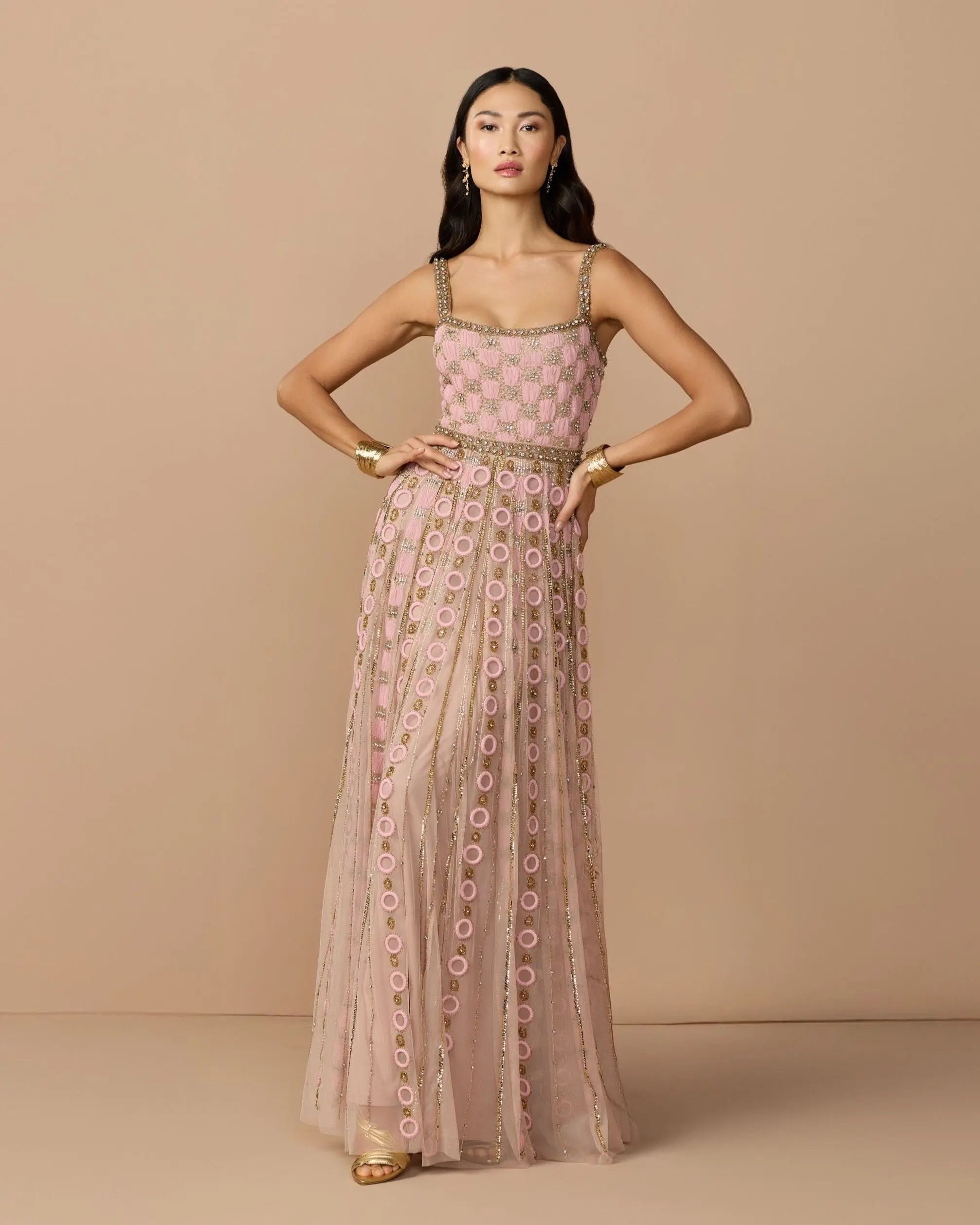 Pink Sleeveless Embellished A-line Gown-Myartka