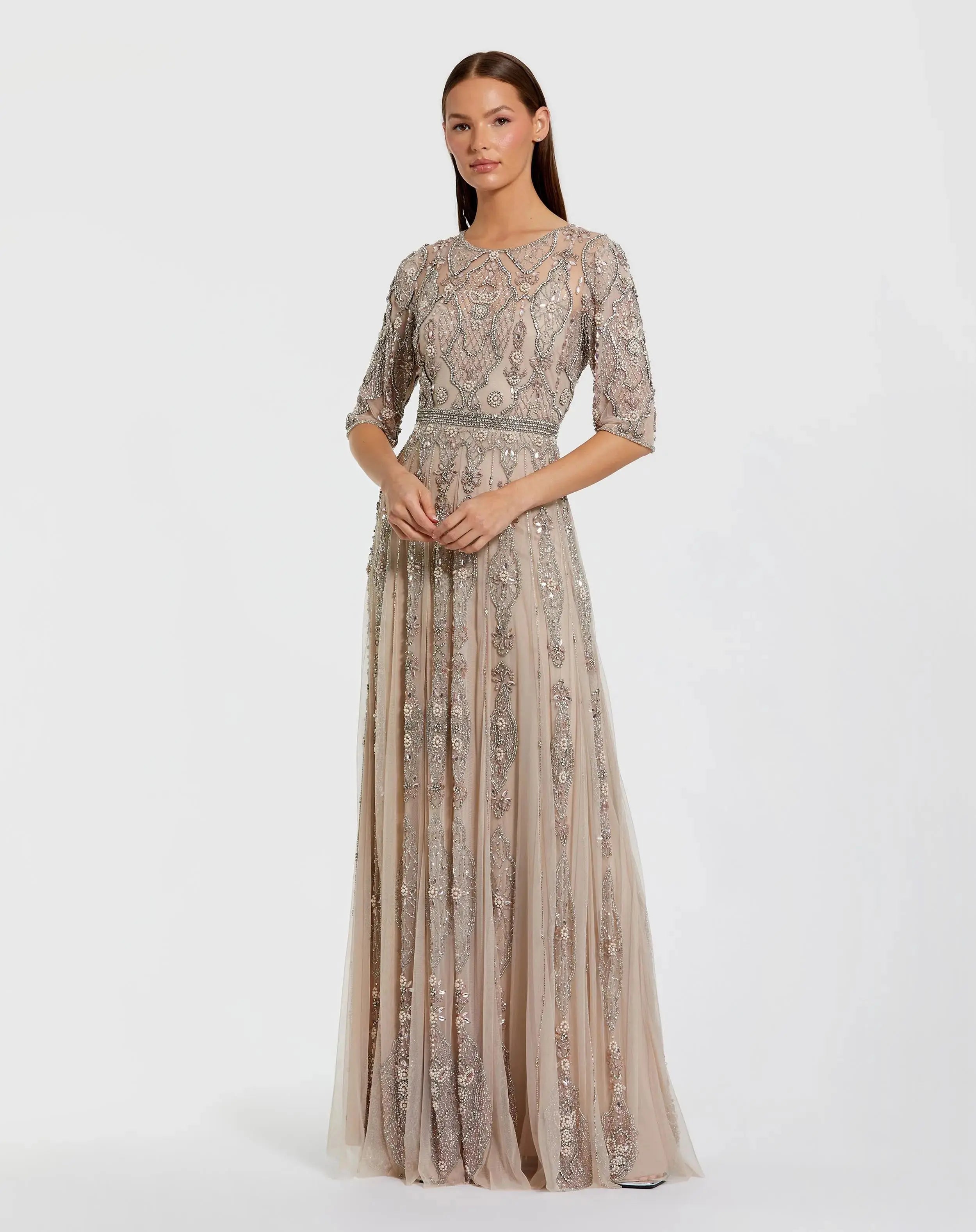 Beige 3/4 Sleeve Embellished A-line Gown-Myartka