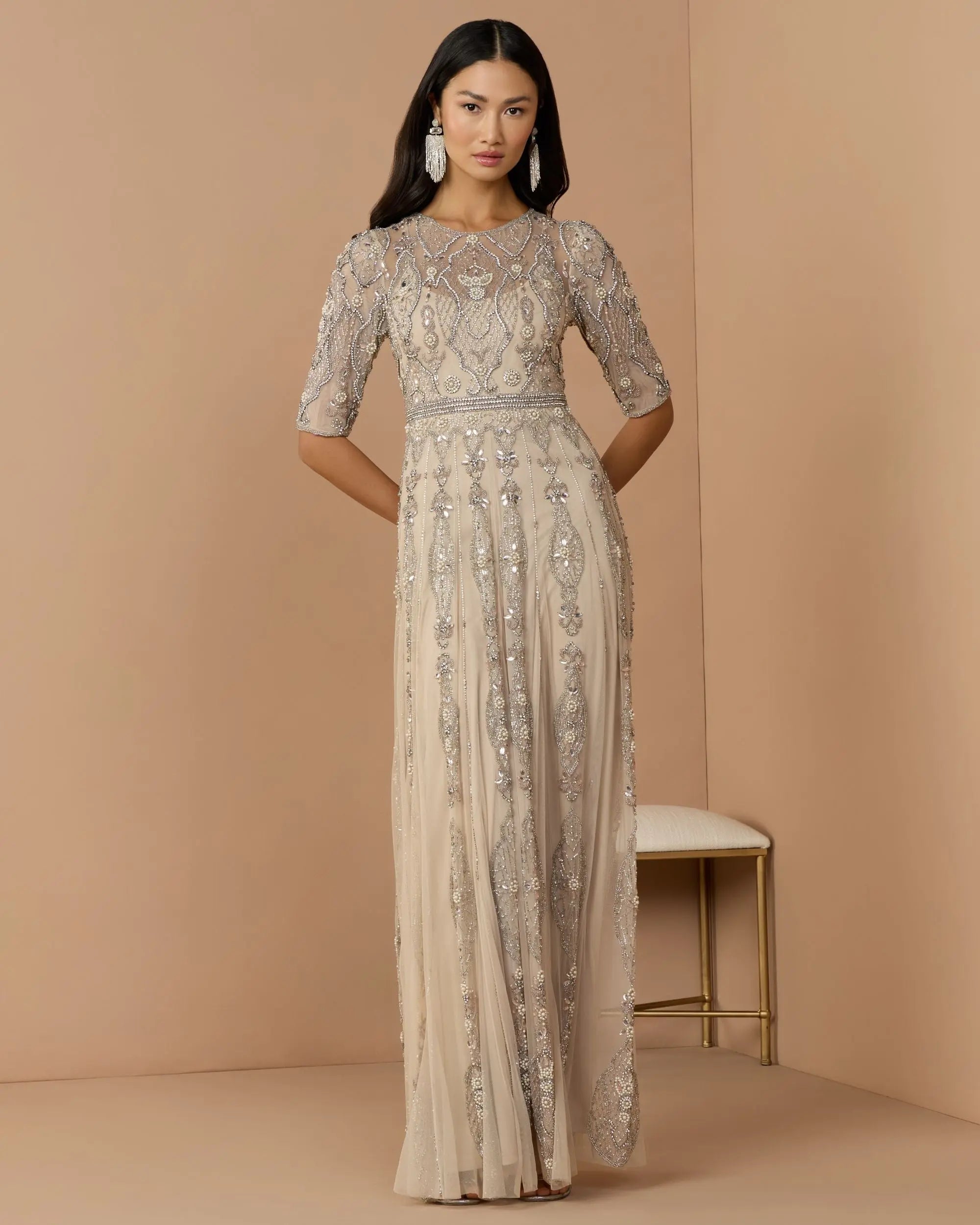 Beige 3/4 Sleeve Embellished A-line Gown-Myartka