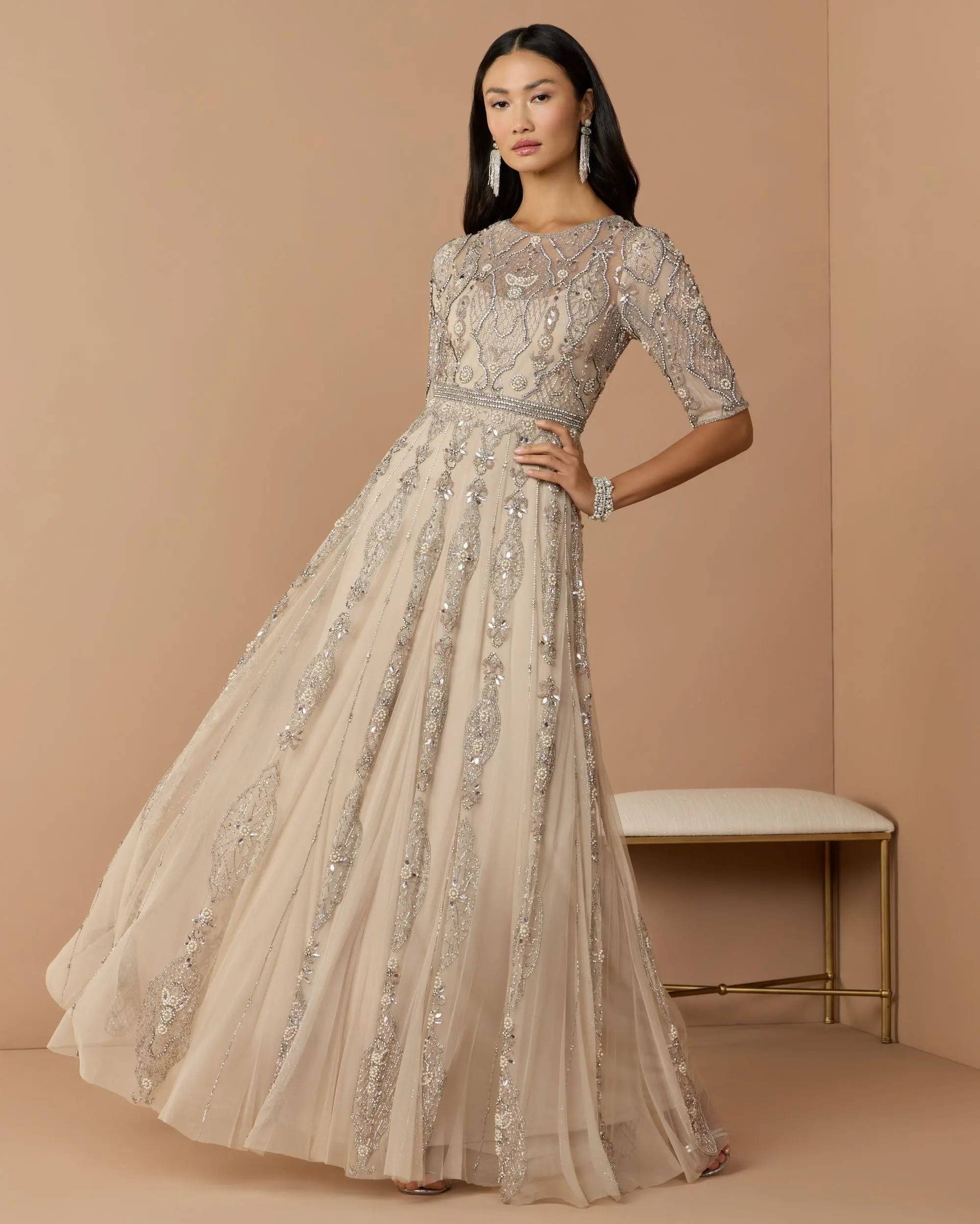 Beige 3/4 Sleeve Embellished A-line Gown-Myartka