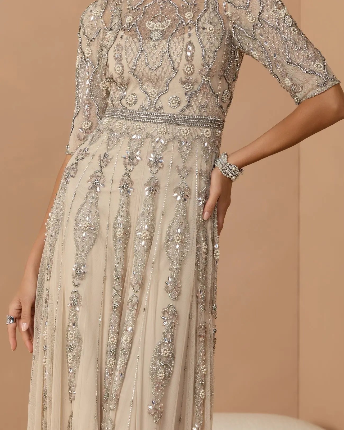 Beige 3/4 Sleeve Embellished A-line Gown-Myartka
