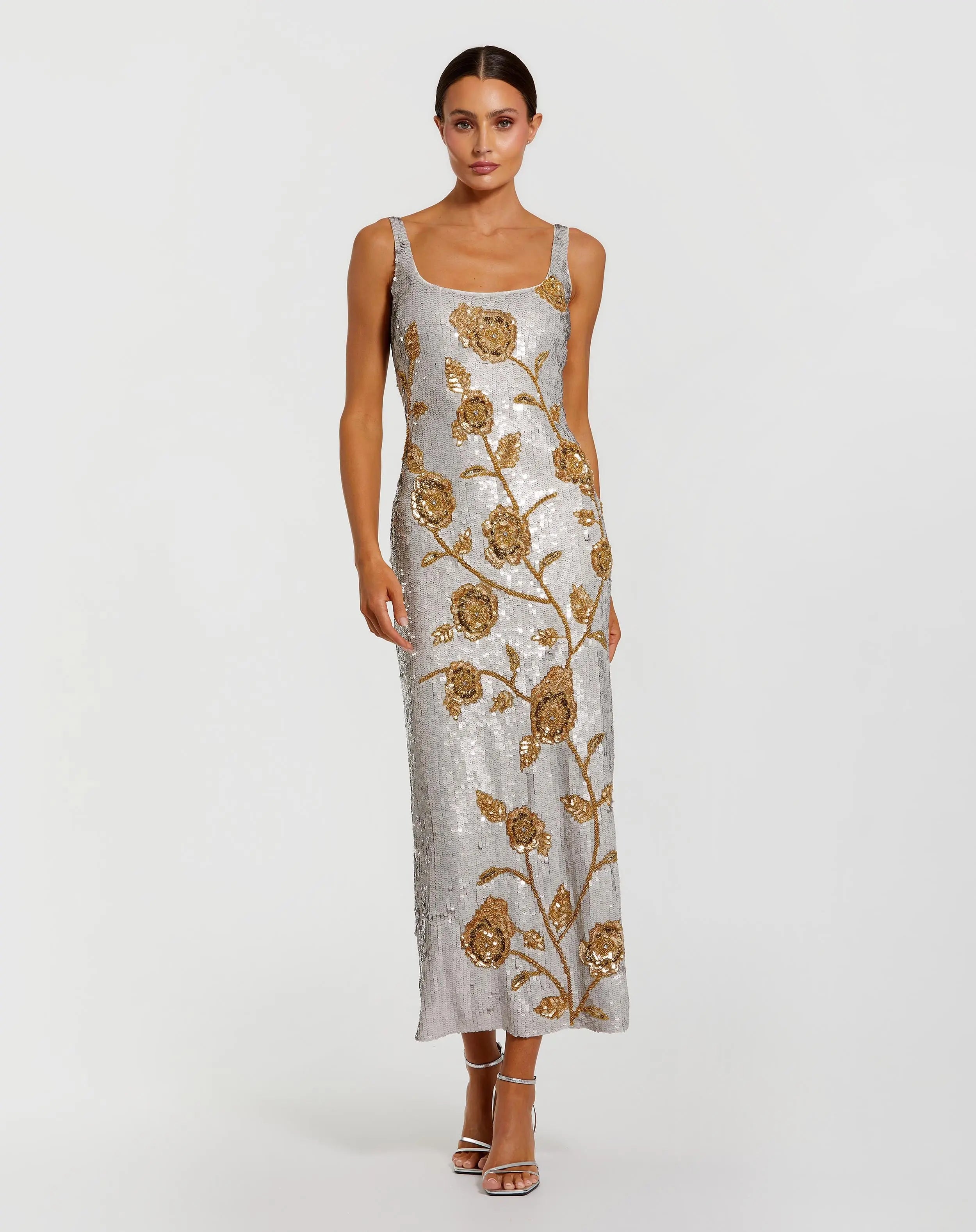 Silver Sleeveless Sequin Dress With Gold Floral Detail-Myartka