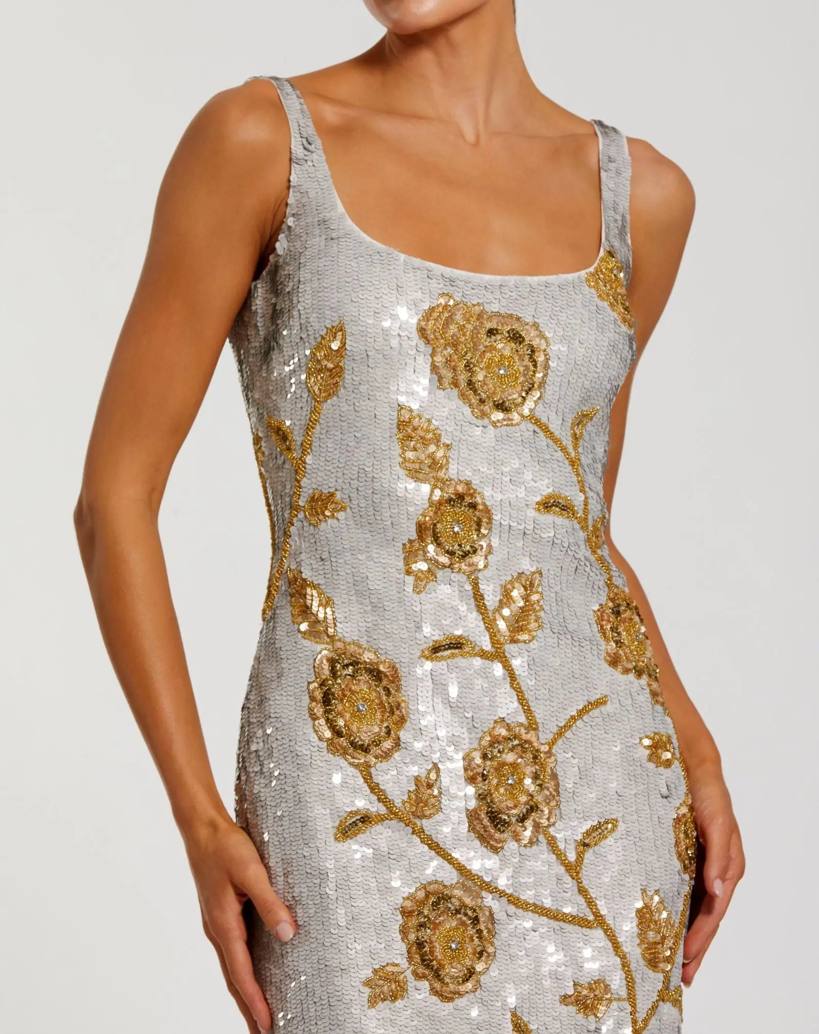 Silver Sleeveless Sequin Dress With Gold Floral Detail-Myartka