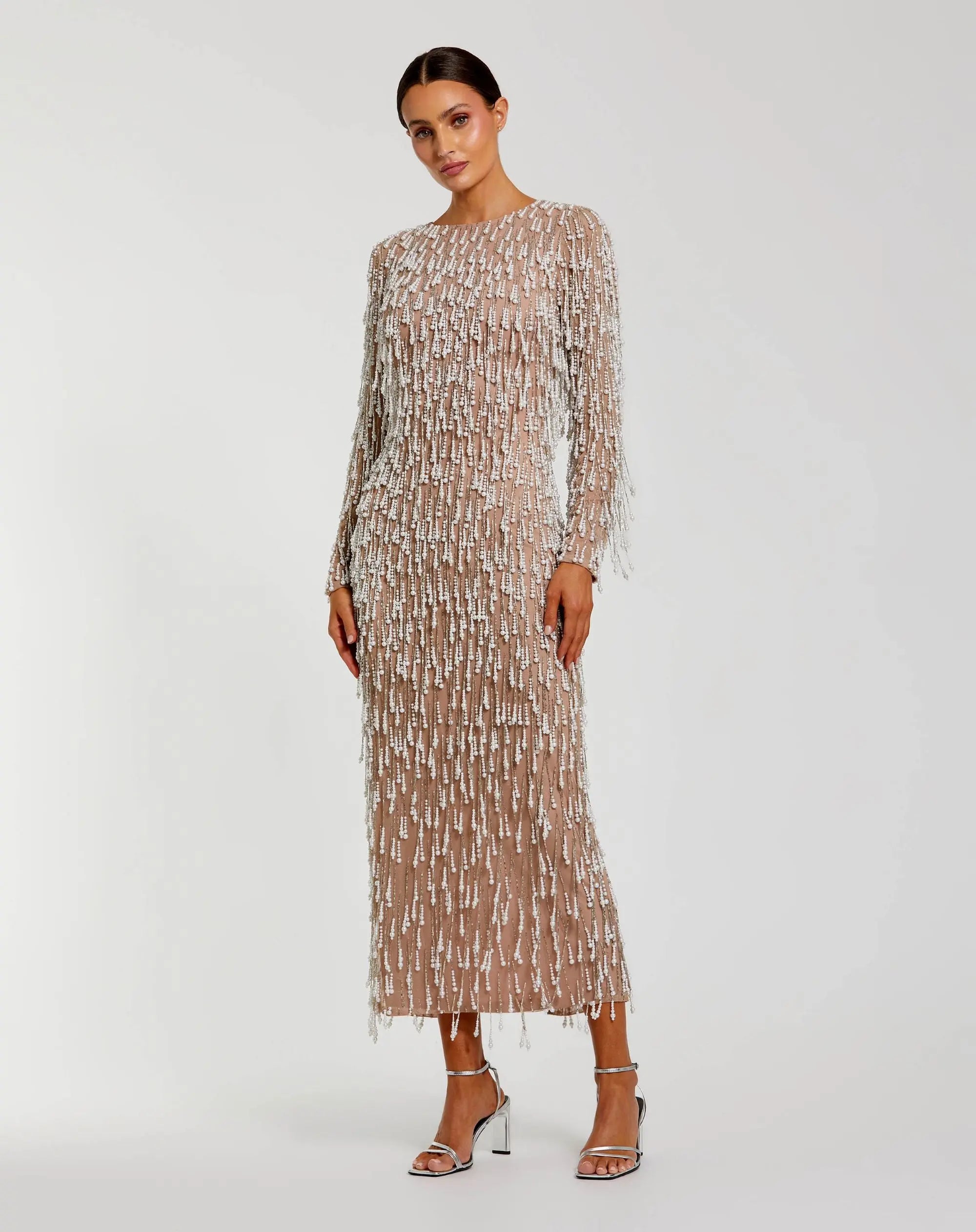 Beige Long Sleeve Midi Dress With Embellished Fringe-Myartka