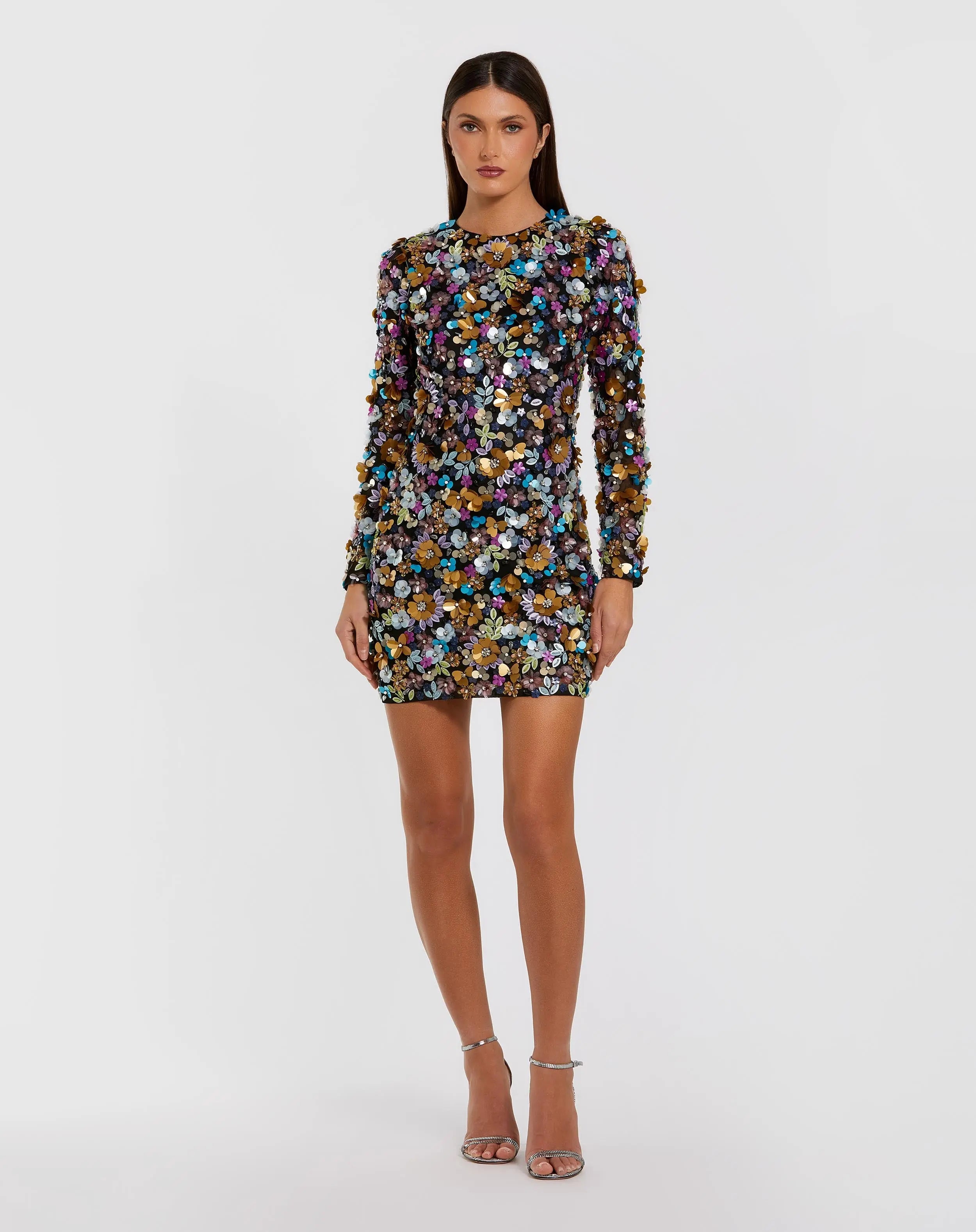 Black Long Sleeve Multicolor 3D Sequin Mini Dress-Myartka
