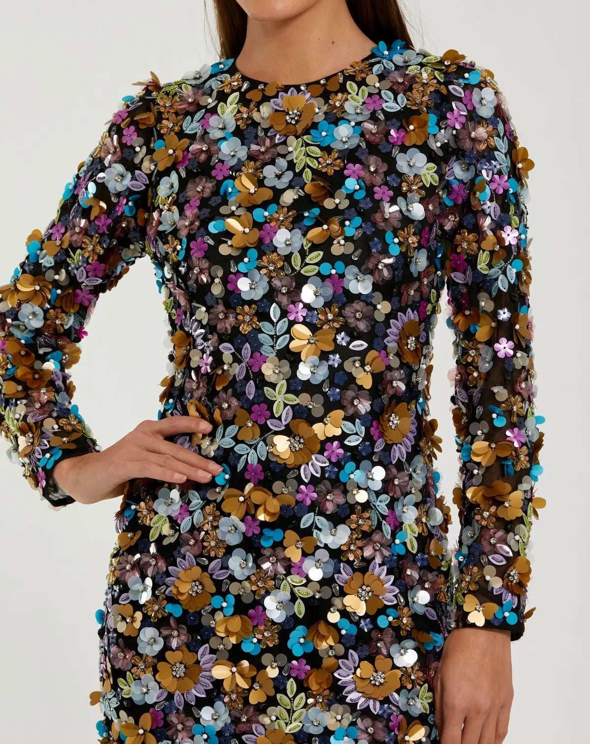 Black Long Sleeve Multicolor 3D Sequin Mini Dress-Myartka