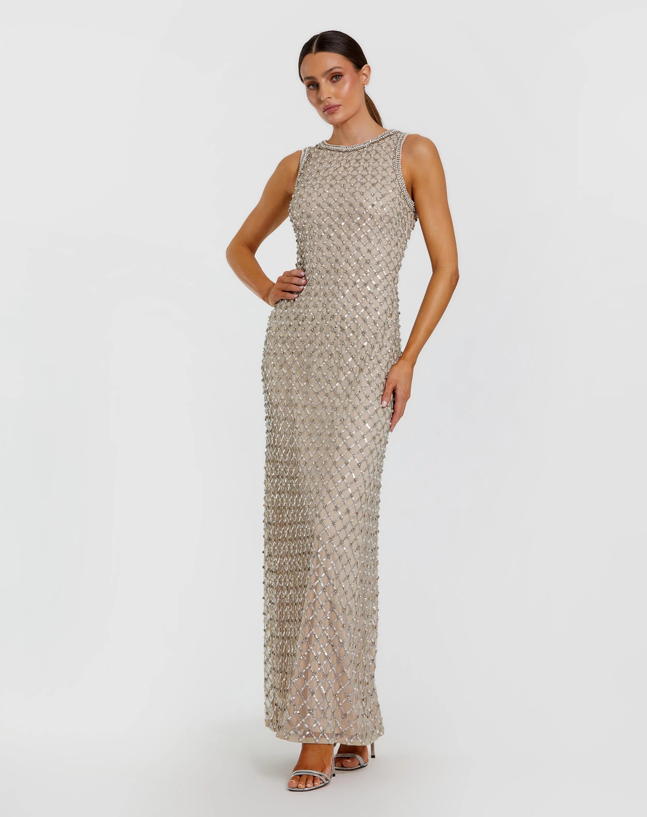 Beige Embellished High Neck Column Gown-Myartka