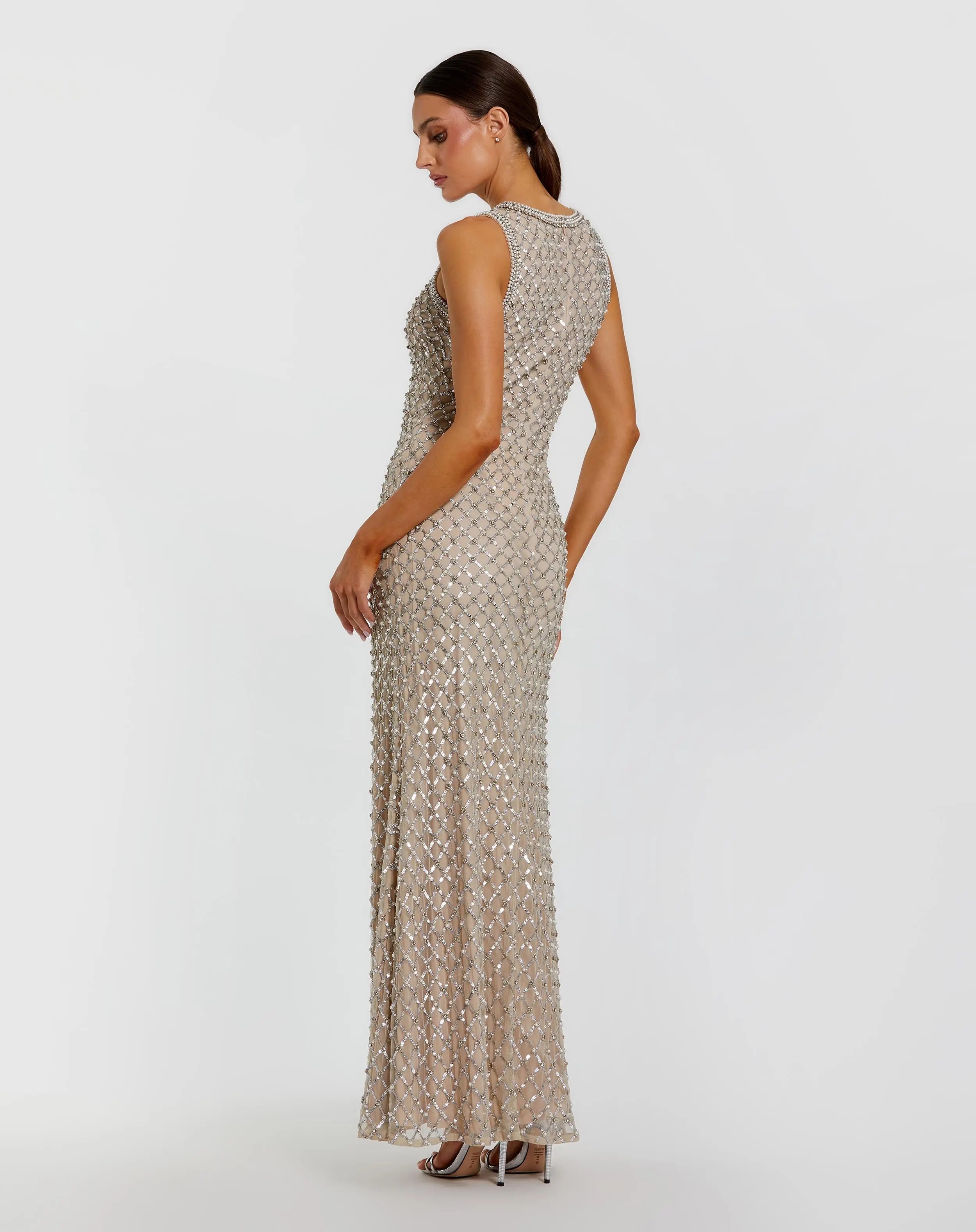Beige Embellished High Neck Column Gown-Myartka