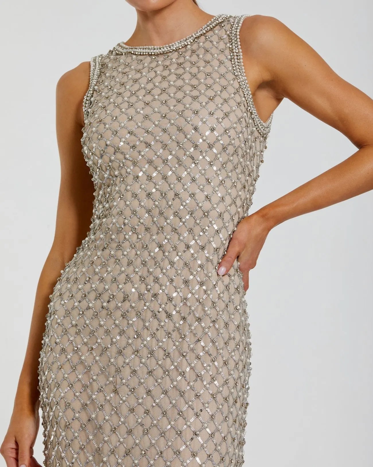 Beige Embellished High Neck Column Gown-Myartka