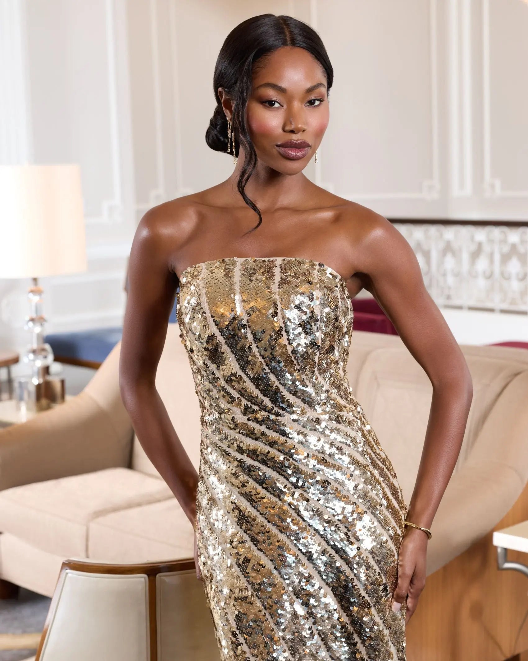 Gold Strapless Sequin Trumpet Gown-Myartka