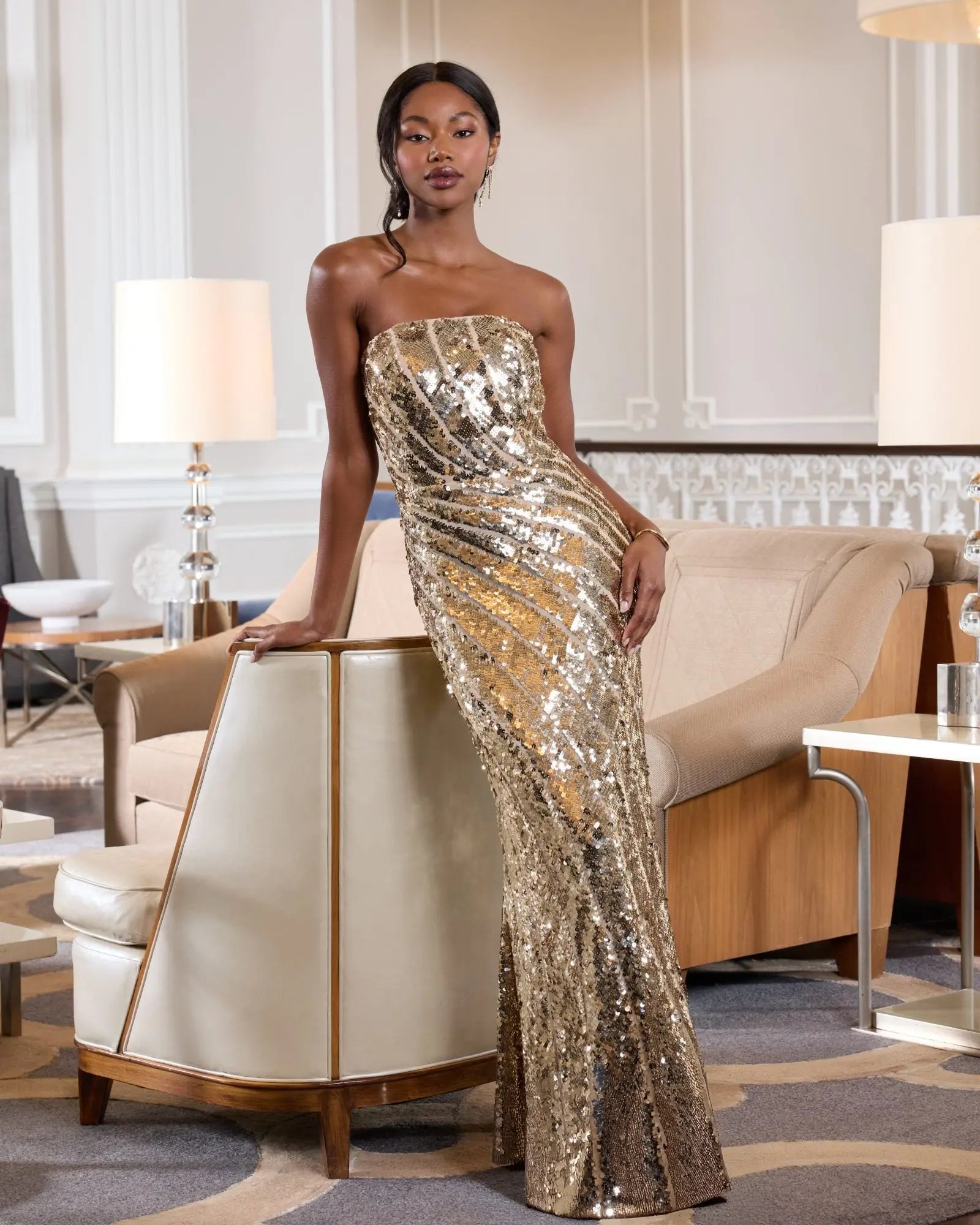 Gold Strapless Sequin Trumpet Gown-Myartka