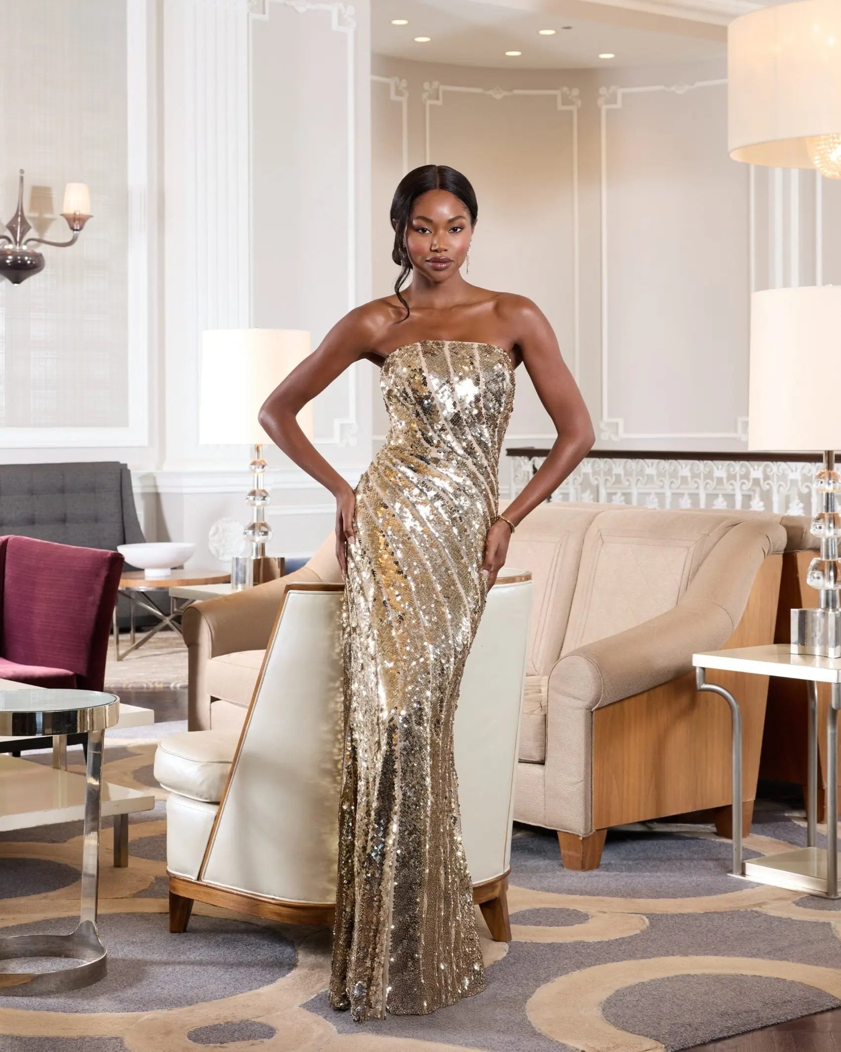 Gold Strapless Sequin Trumpet Gown-Myartka