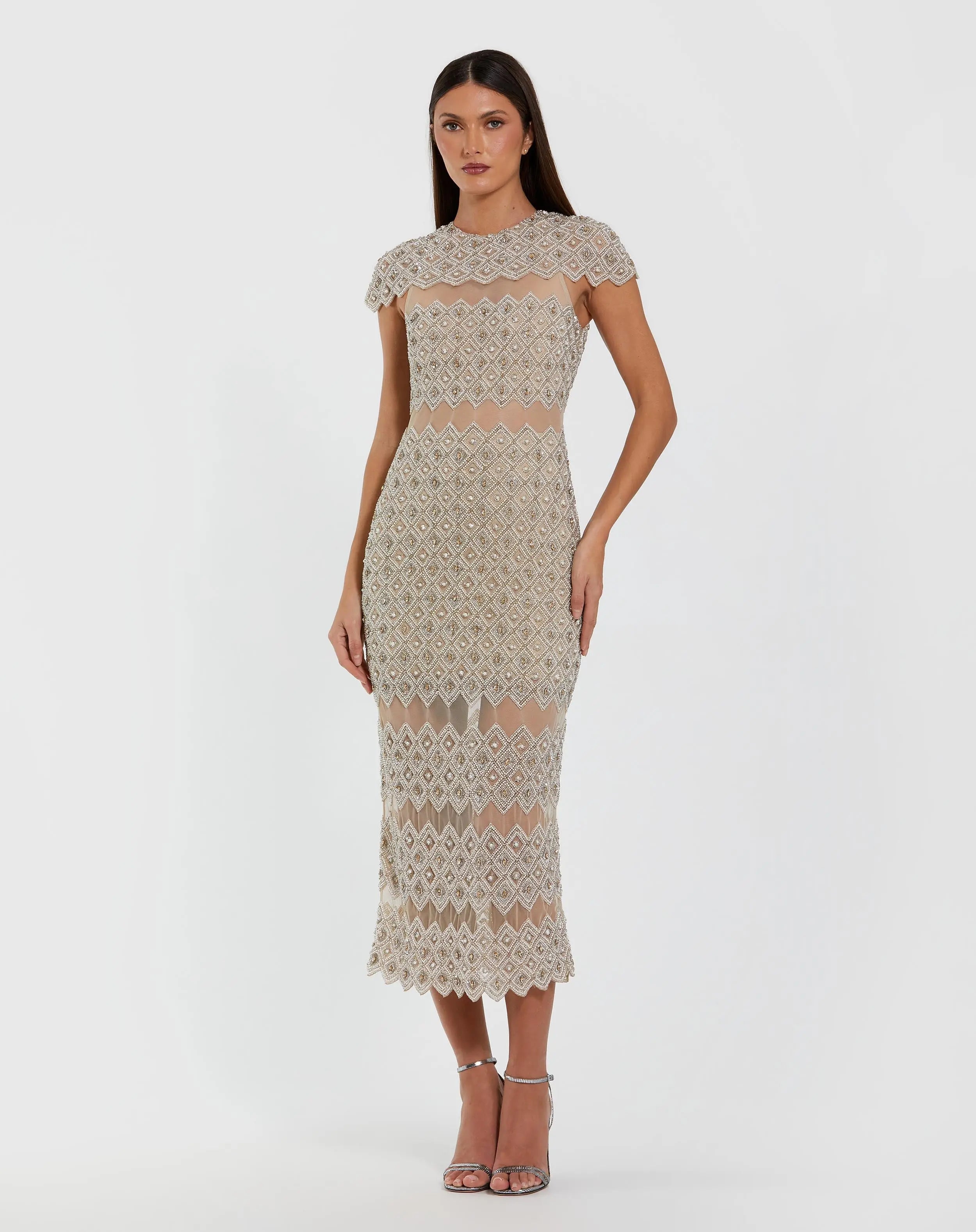 Beige Embellished Mesh Fitted Midi Dress With Sheer Panels-Myartka