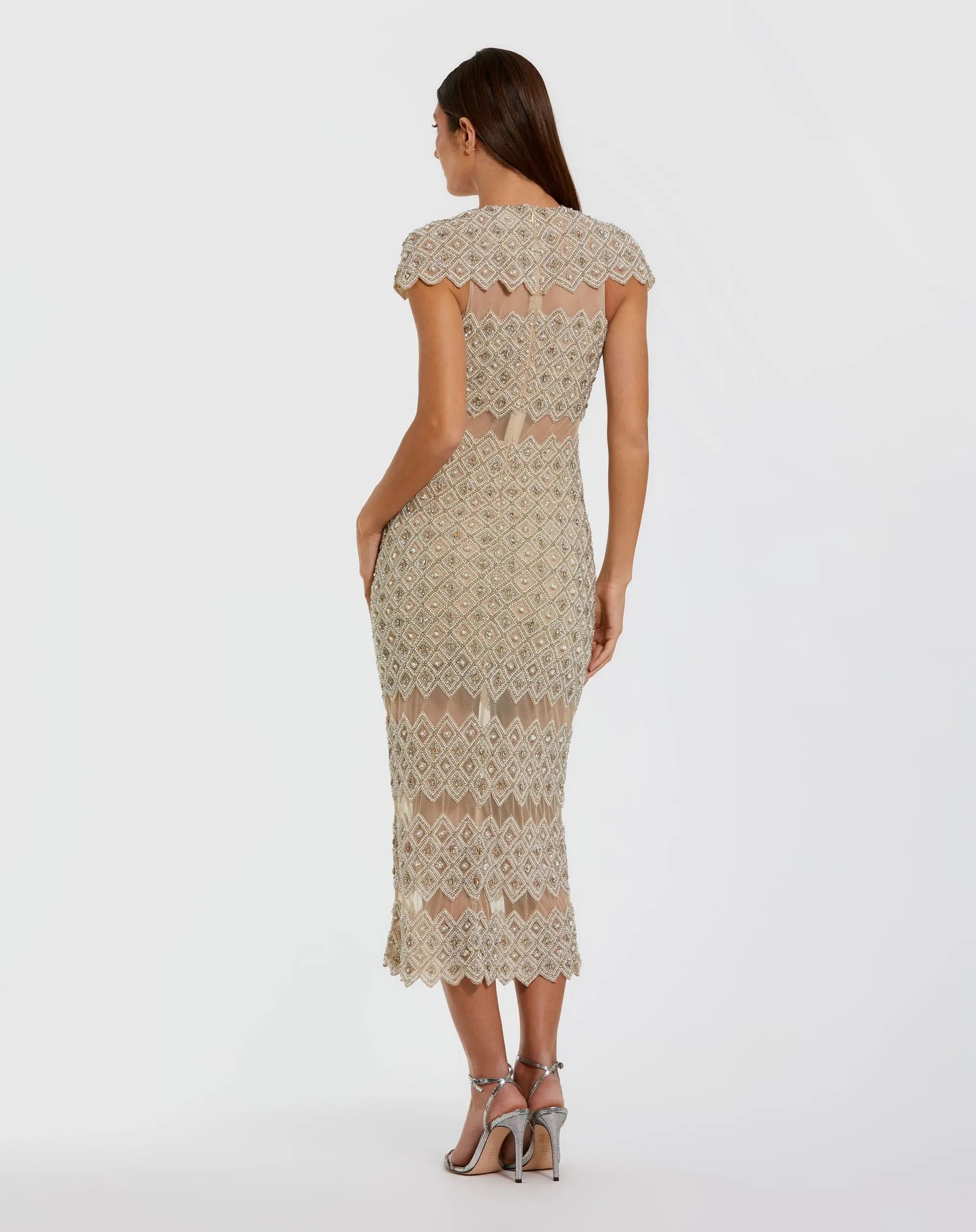 Beige Embellished Mesh Fitted Midi Dress With Sheer Panels-Myartka