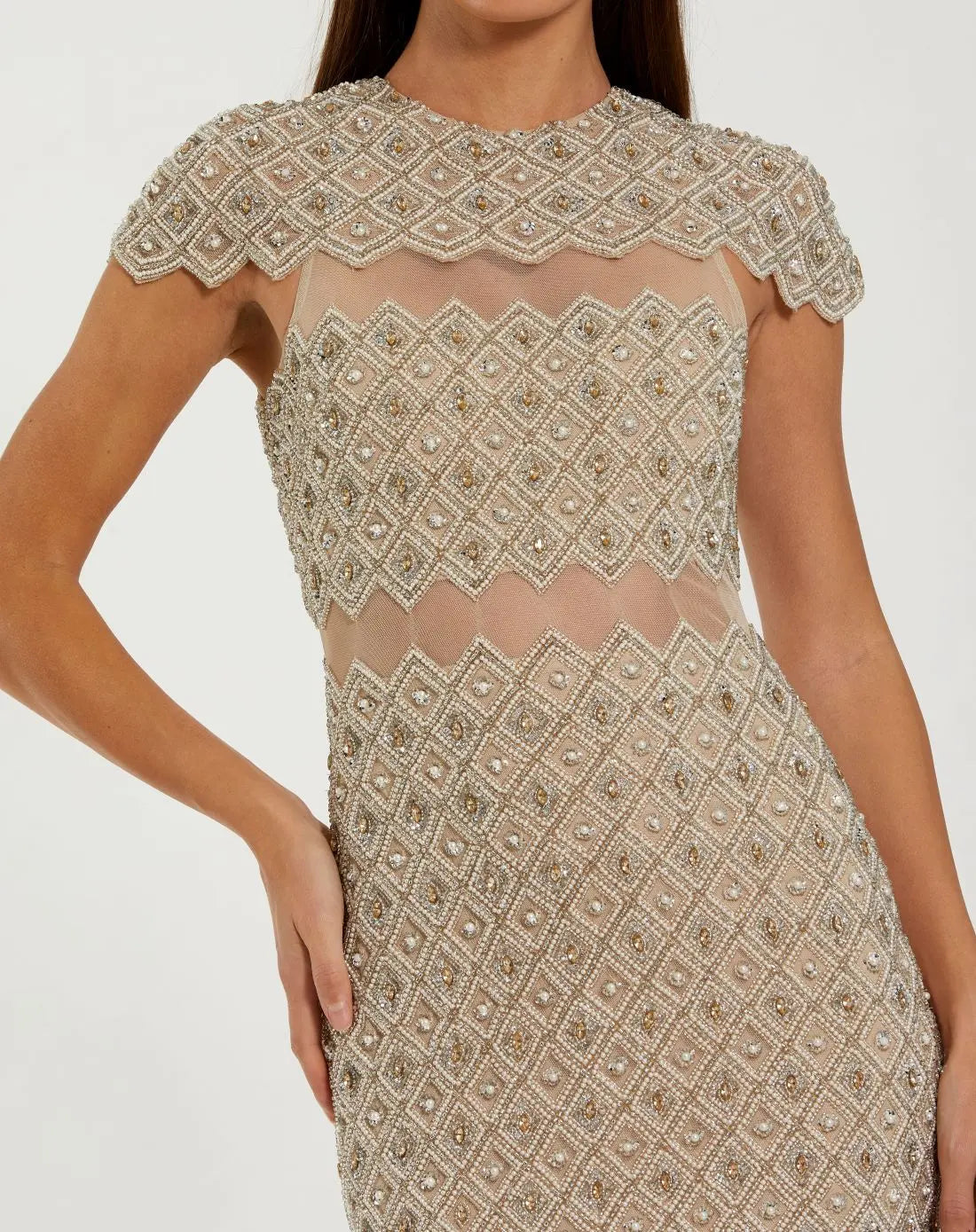 Beige Embellished Mesh Fitted Midi Dress With Sheer Panels-Myartka