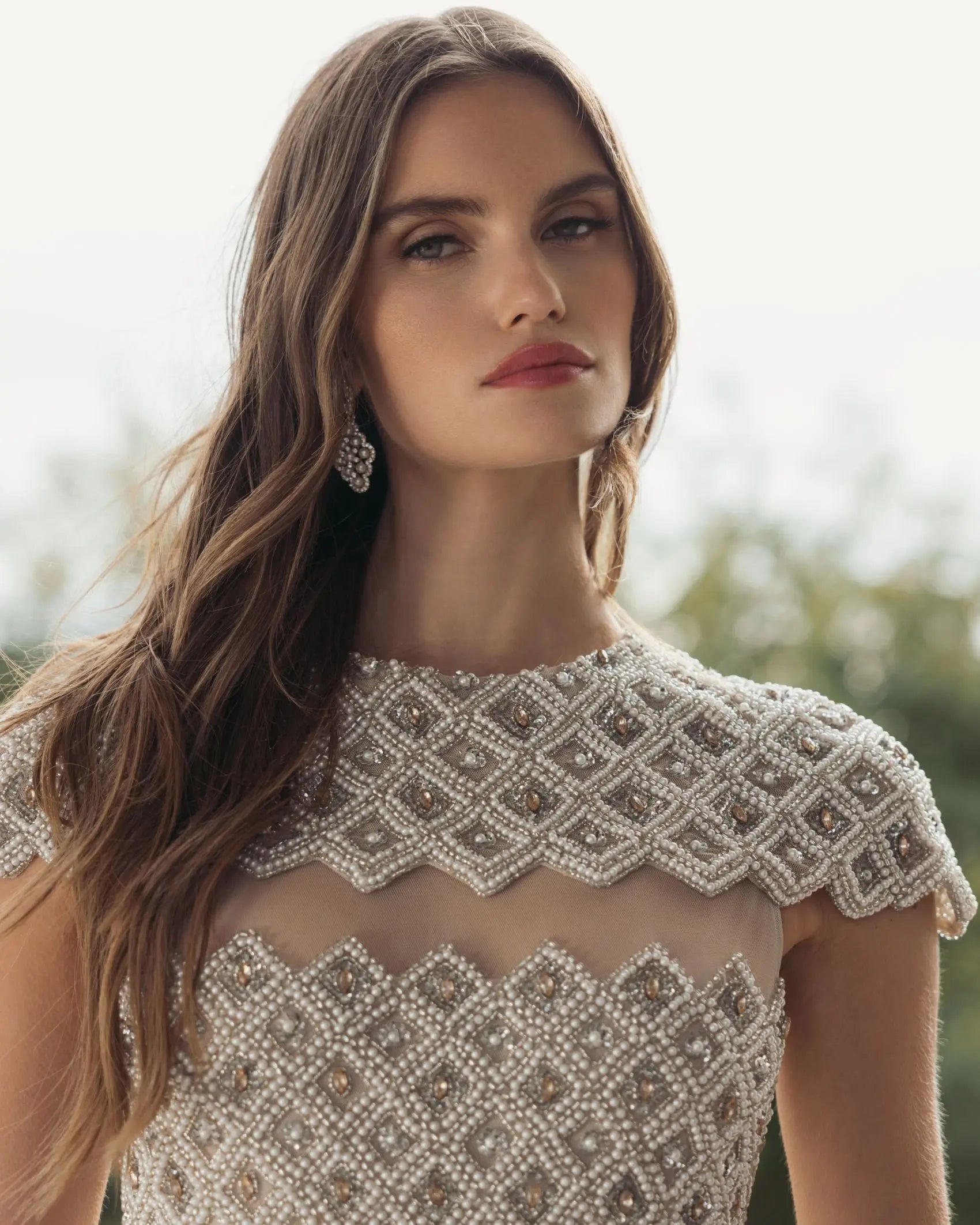 Beige Embellished Mesh Fitted Midi Dress With Sheer Panels-Myartka