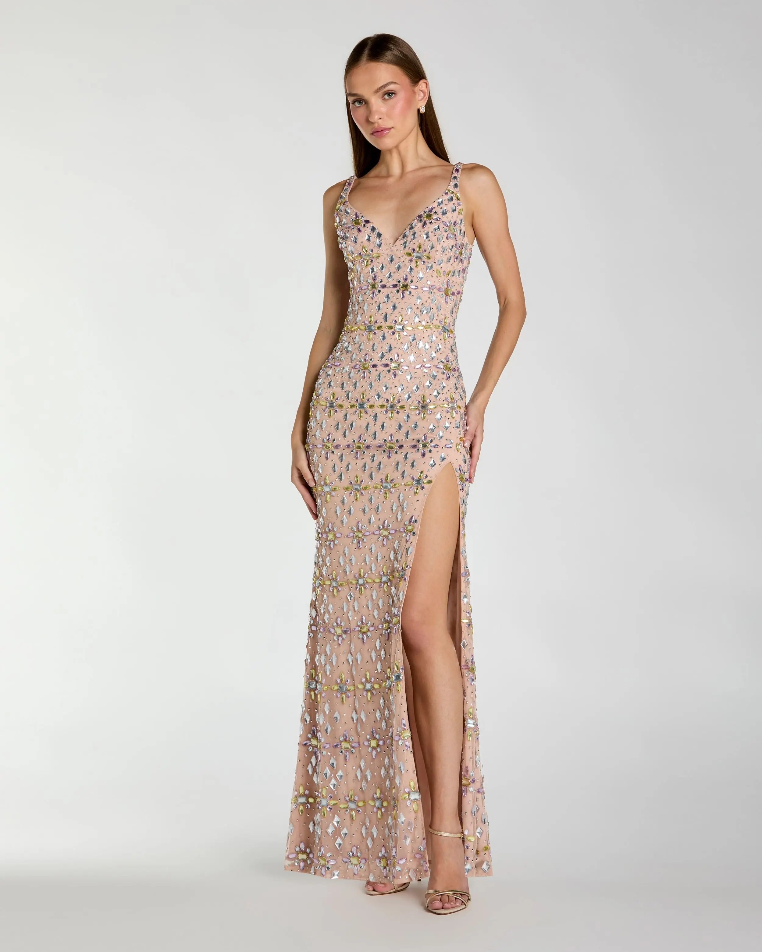 Beige Embellished V Neck Column Gown with Slit-Myartka