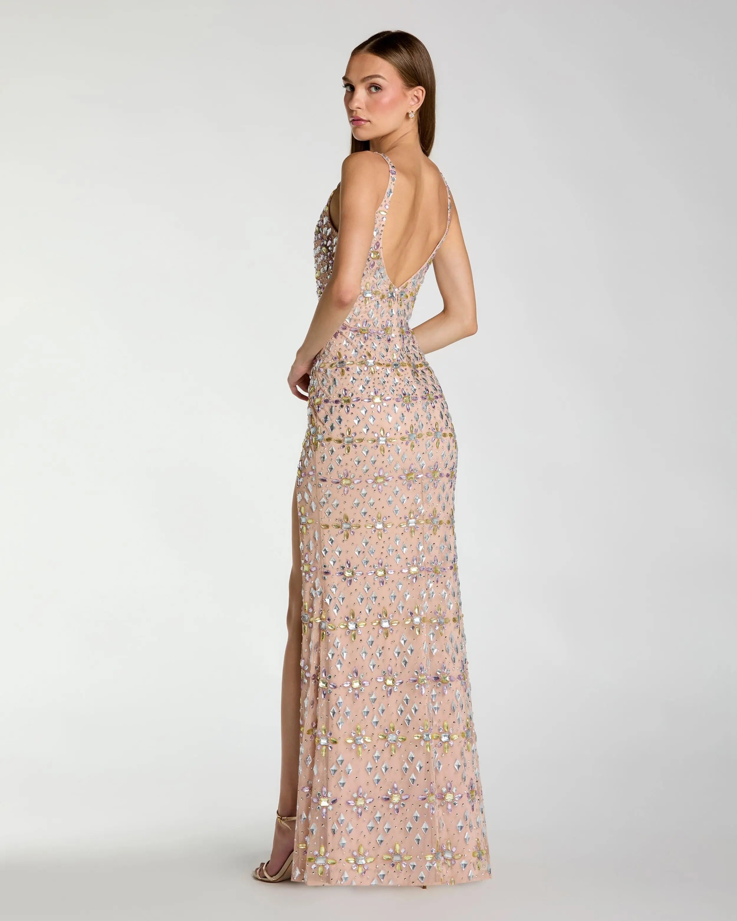 Beige Embellished V Neck Column Gown with Slit-Myartka
