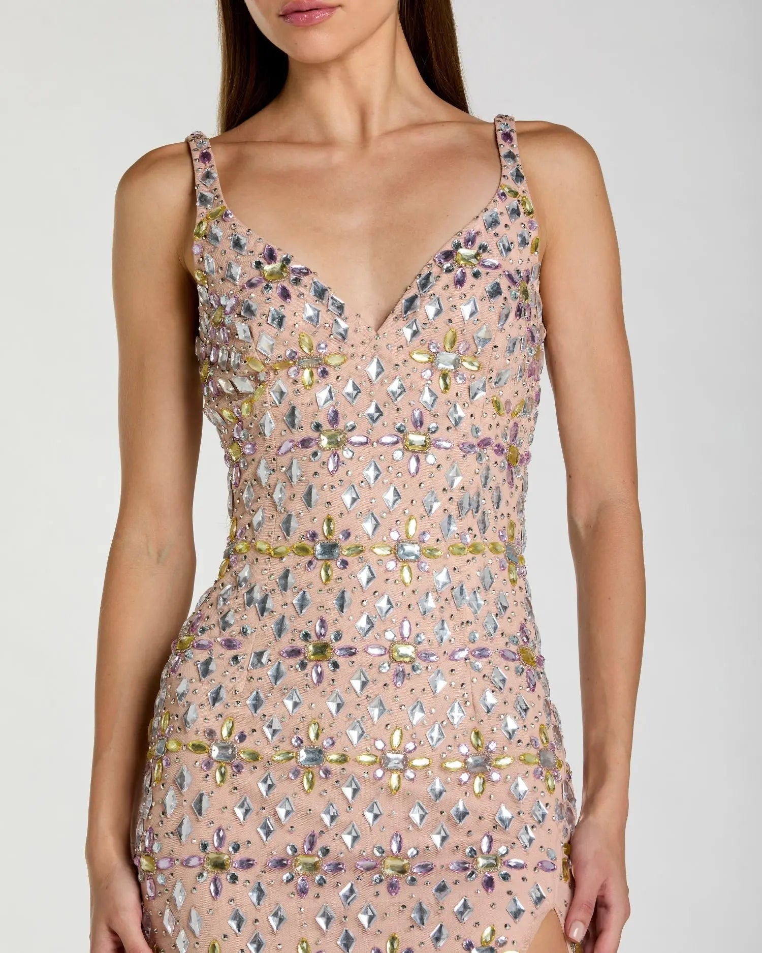 Beige Embellished V Neck Column Gown with Slit-Myartka