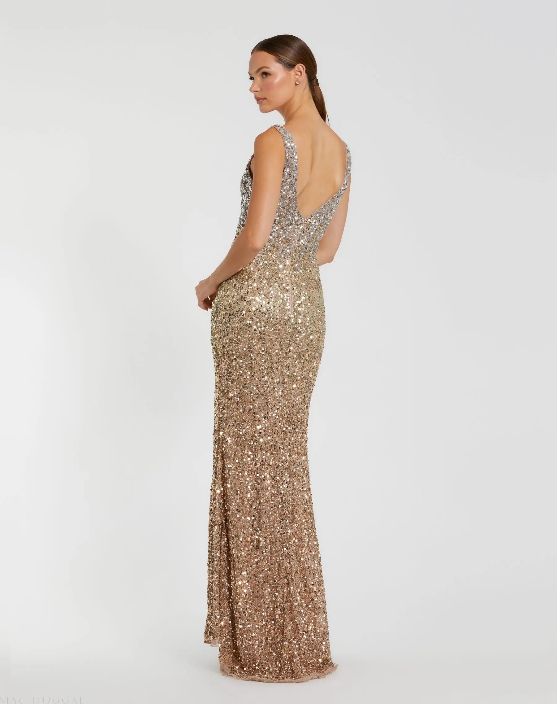 Gold Sequined Sleeveless V Neck Side Slit Gown-Myartka
