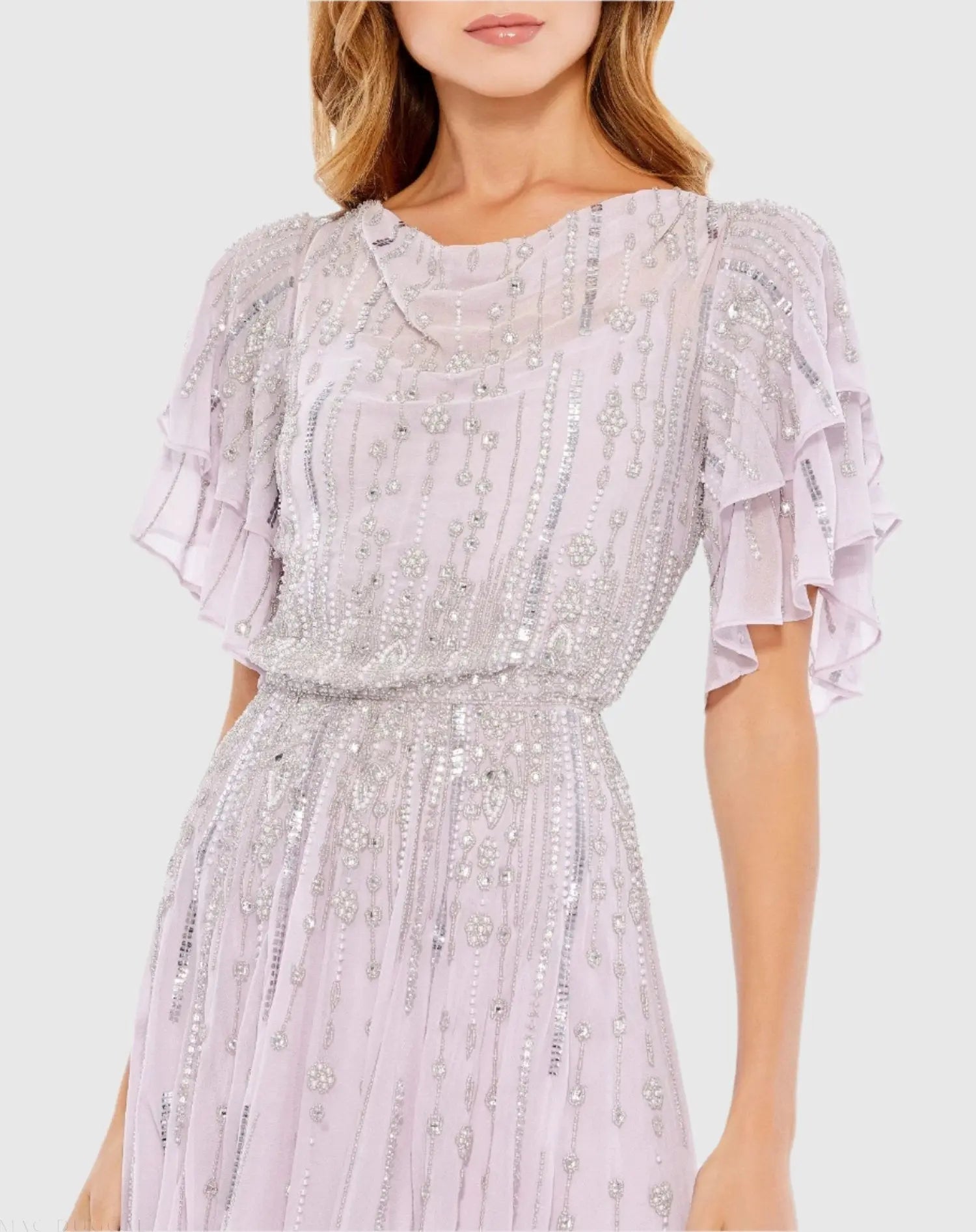 Purple High Neck Embellished Flutter Sleeve Midi Dress-Myartka