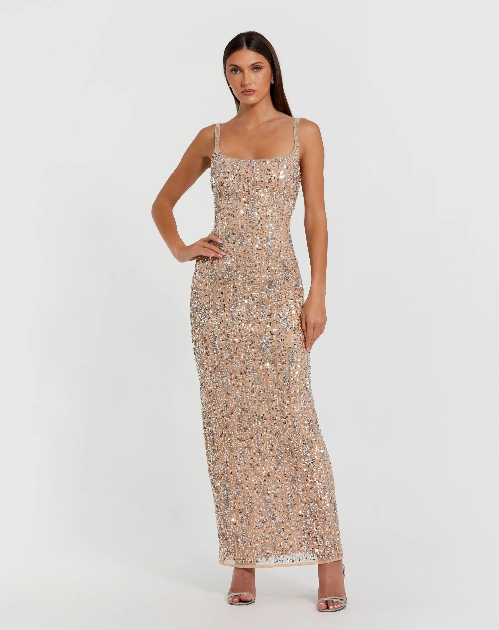Beige Embellished Square Neck Gown-Myartka