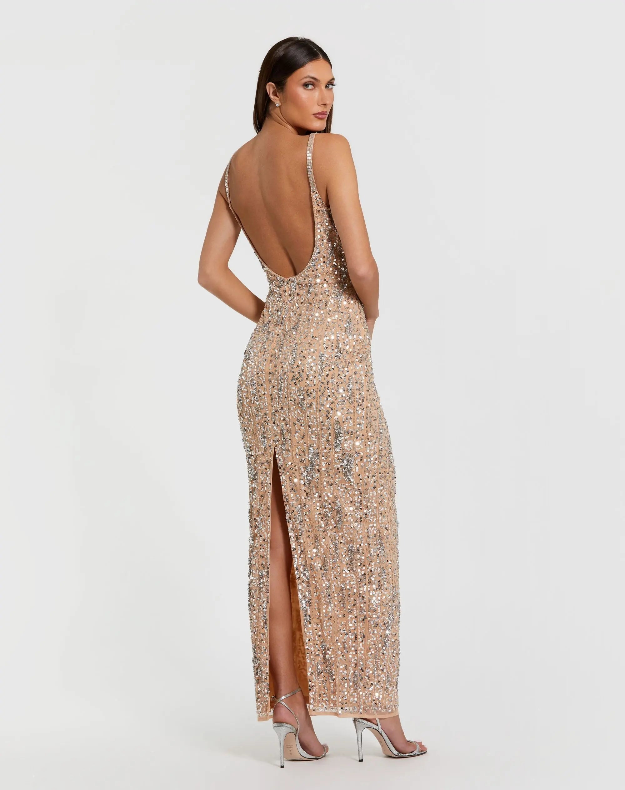 Beige Embellished Square Neck Gown-Myartka