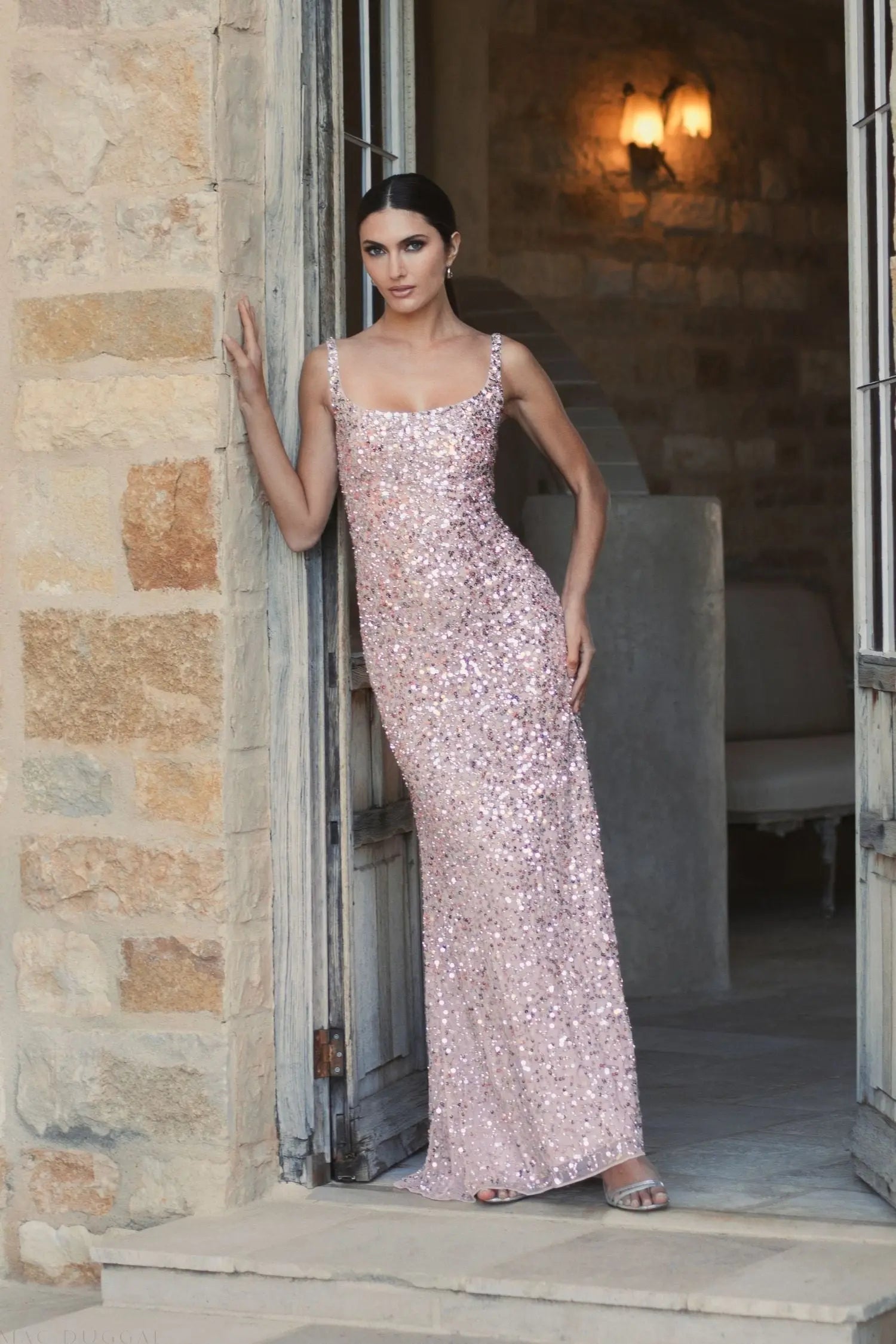 Pink Sequined Low Back Slip Gown-Myartka