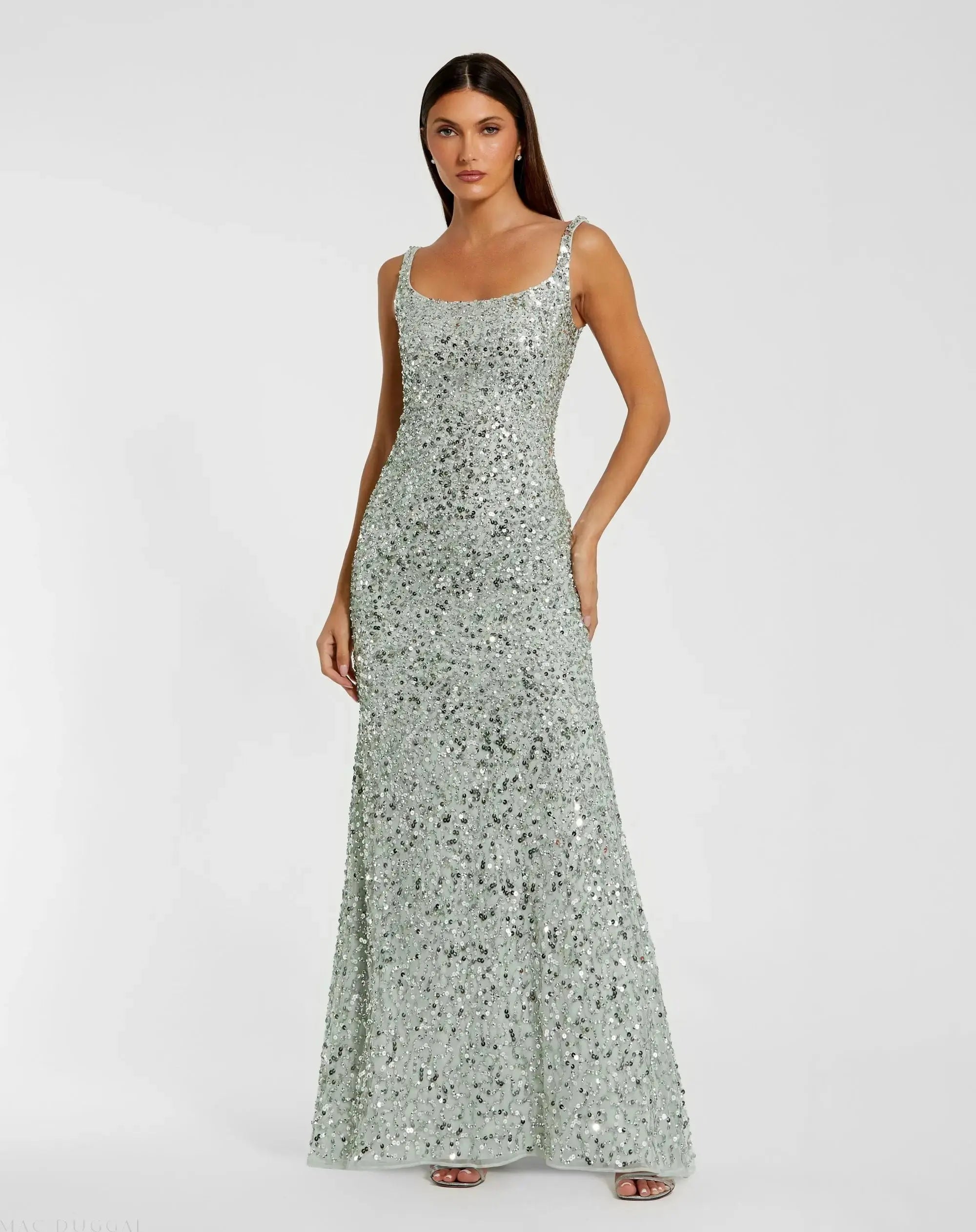 Green Sequined Low Back Slip Gown-Myartka