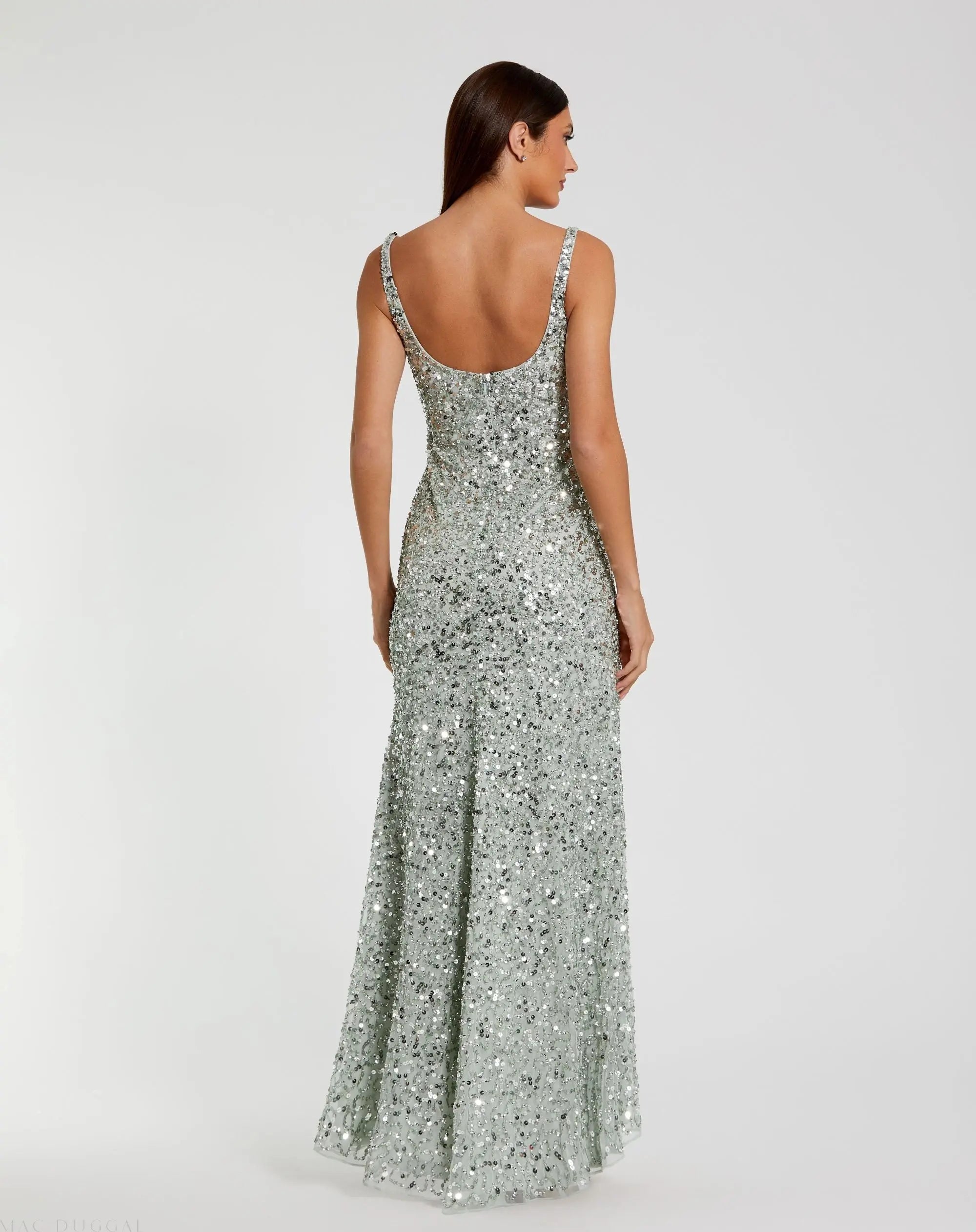 Green Sequined Low Back Slip Gown-Myartka