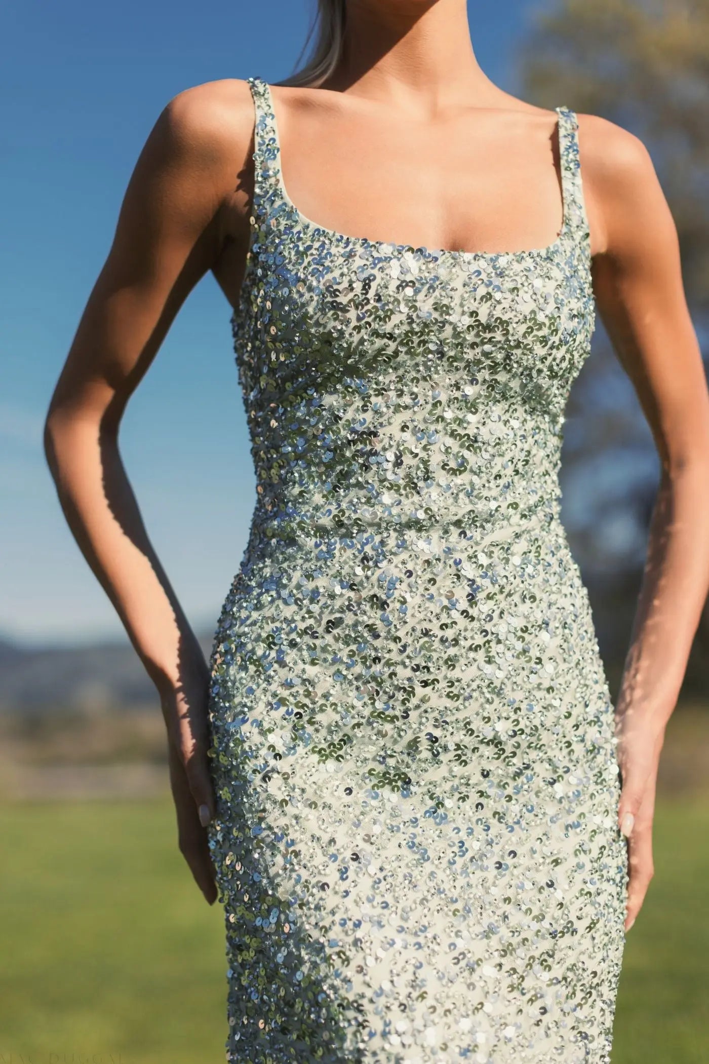 Green Sequined Low Back Slip Gown-Myartka