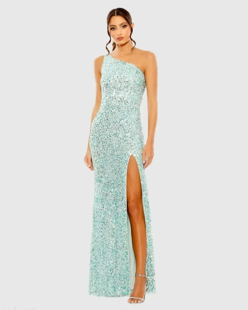 Blue Sequined One Shoulder Gown With Slit-Myartka