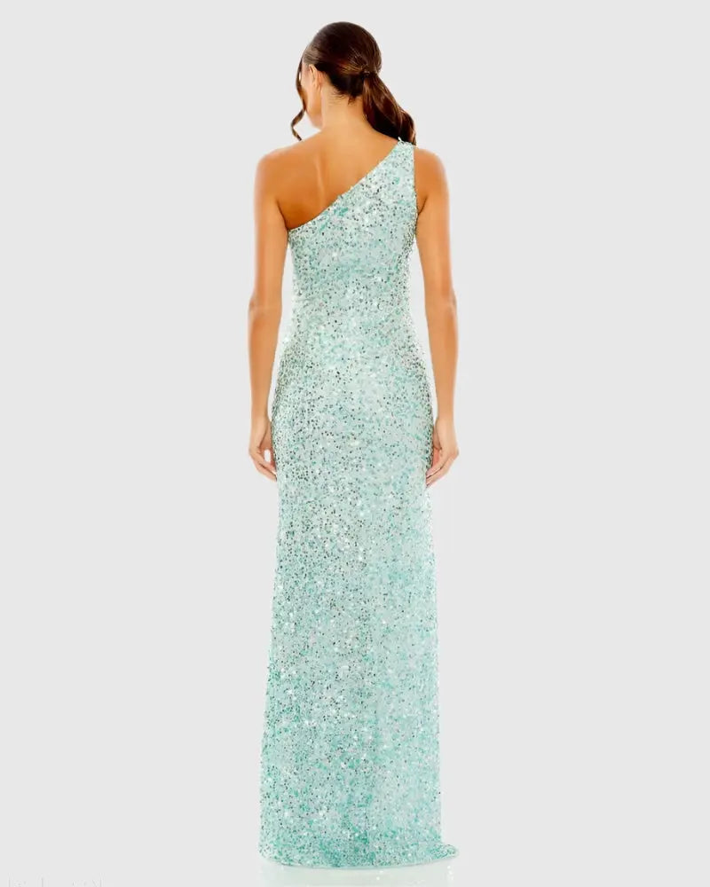 Blue Sequined One Shoulder Gown With Slit-Myartka