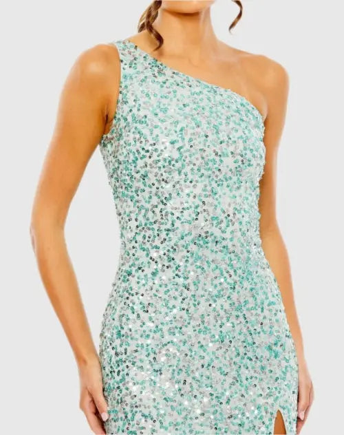 Blue Sequined One Shoulder Gown With Slit-Myartka