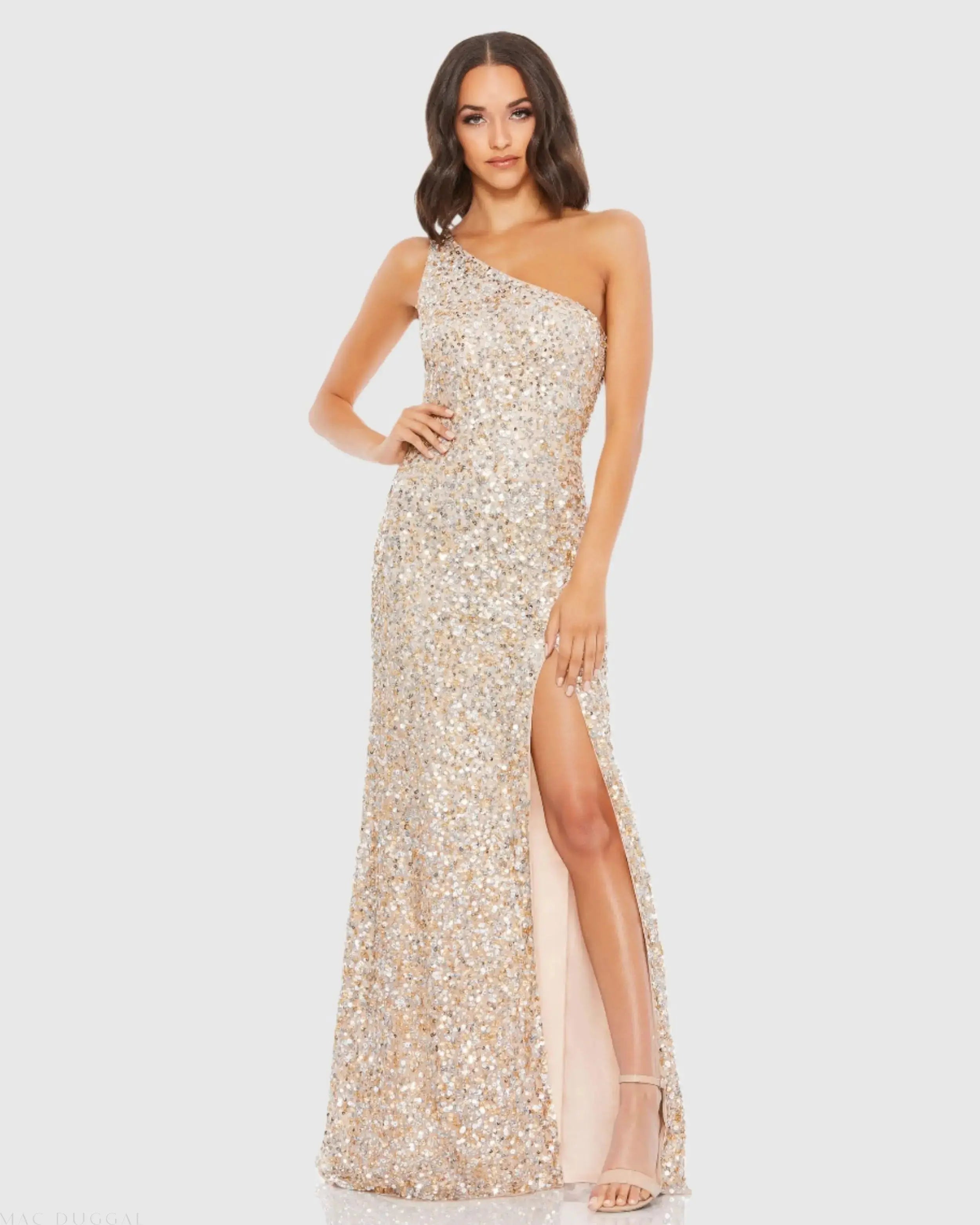 Beige Sequin One Shoulder Gown With Slit-Myartka