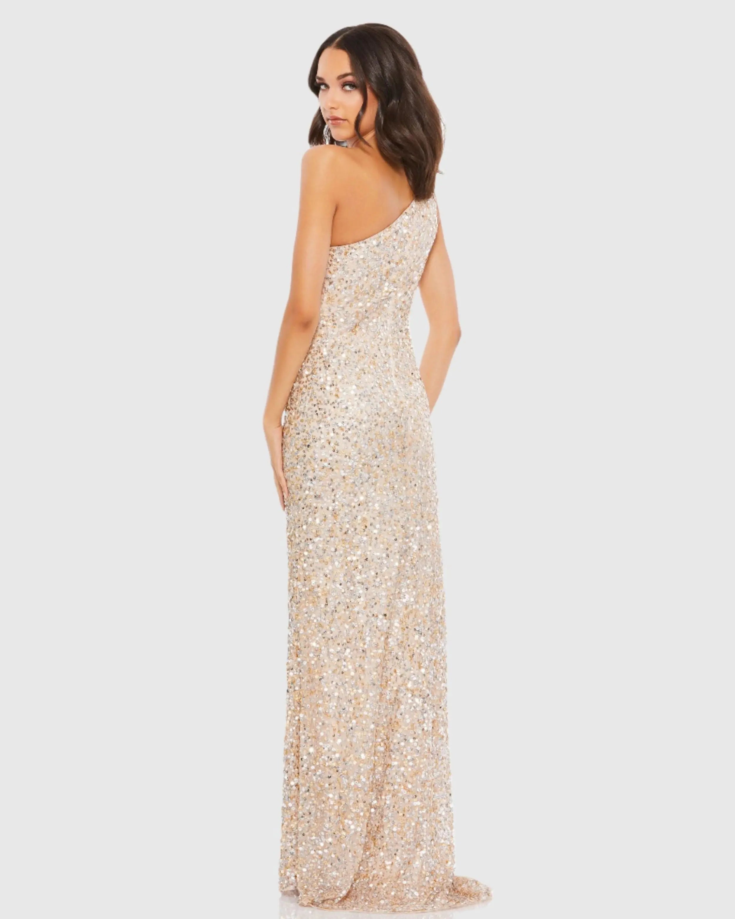 Beige Sequin One Shoulder Gown With Slit-Myartka