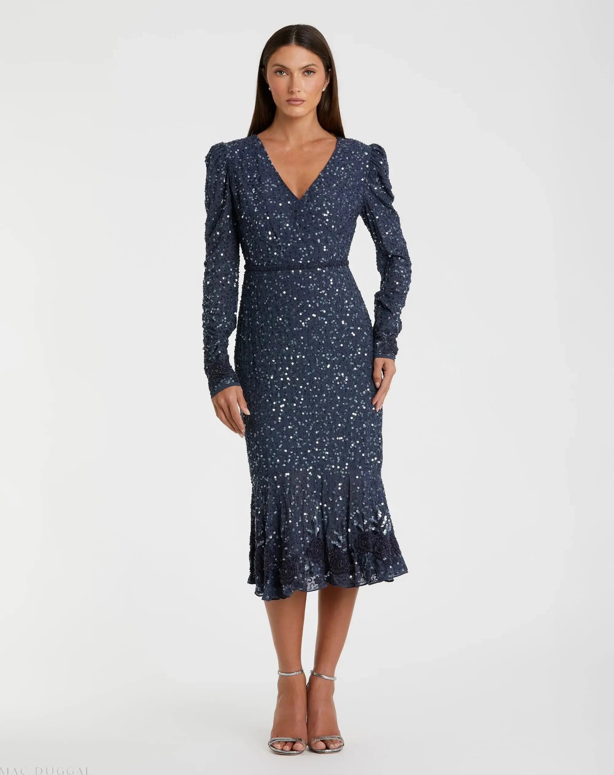 Blue Sequin Dress with Embellished Hemline and Belt - FINAL SALE-Myartka