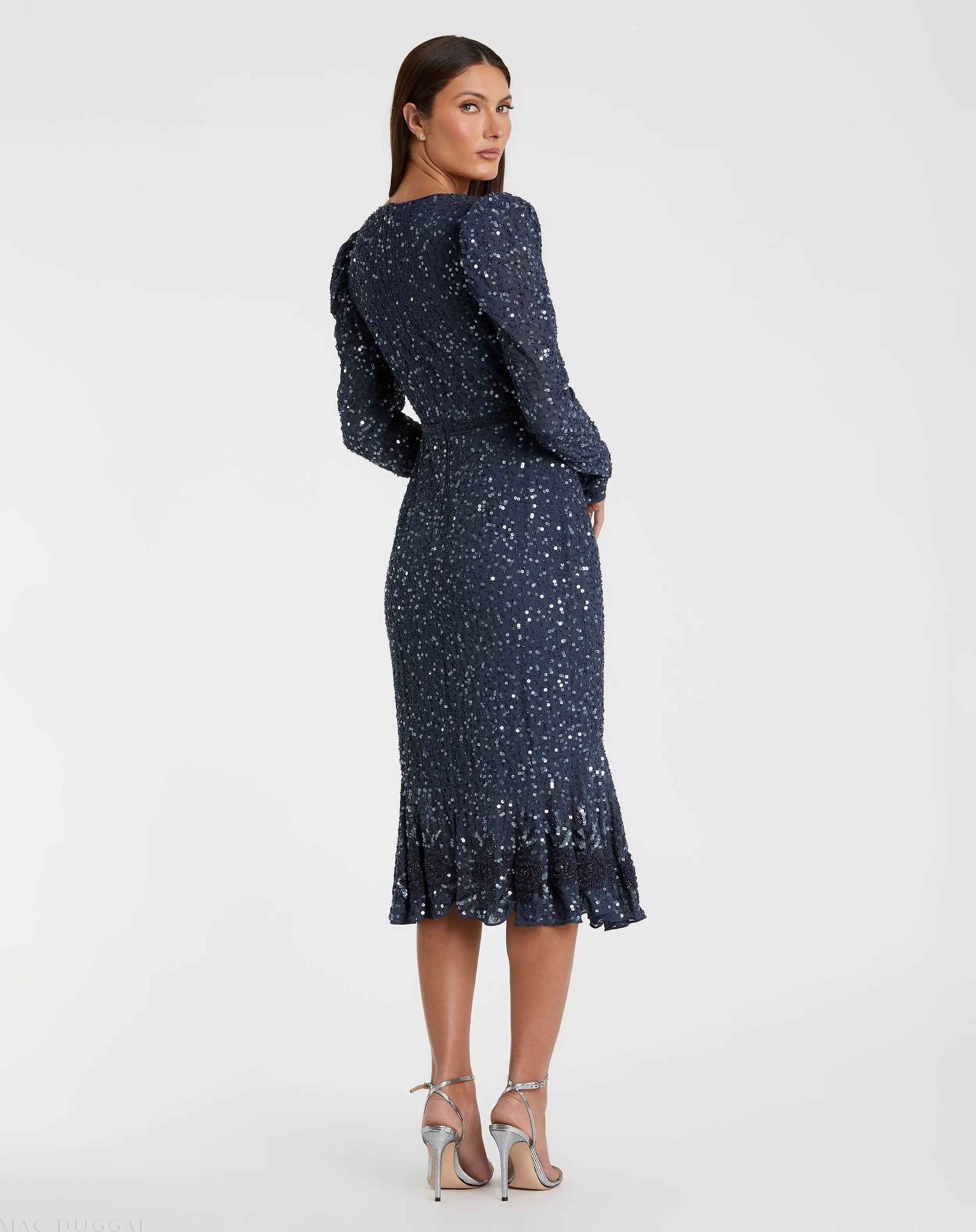 Blue Sequin Dress with Embellished Hemline and Belt - FINAL SALE-Myartka