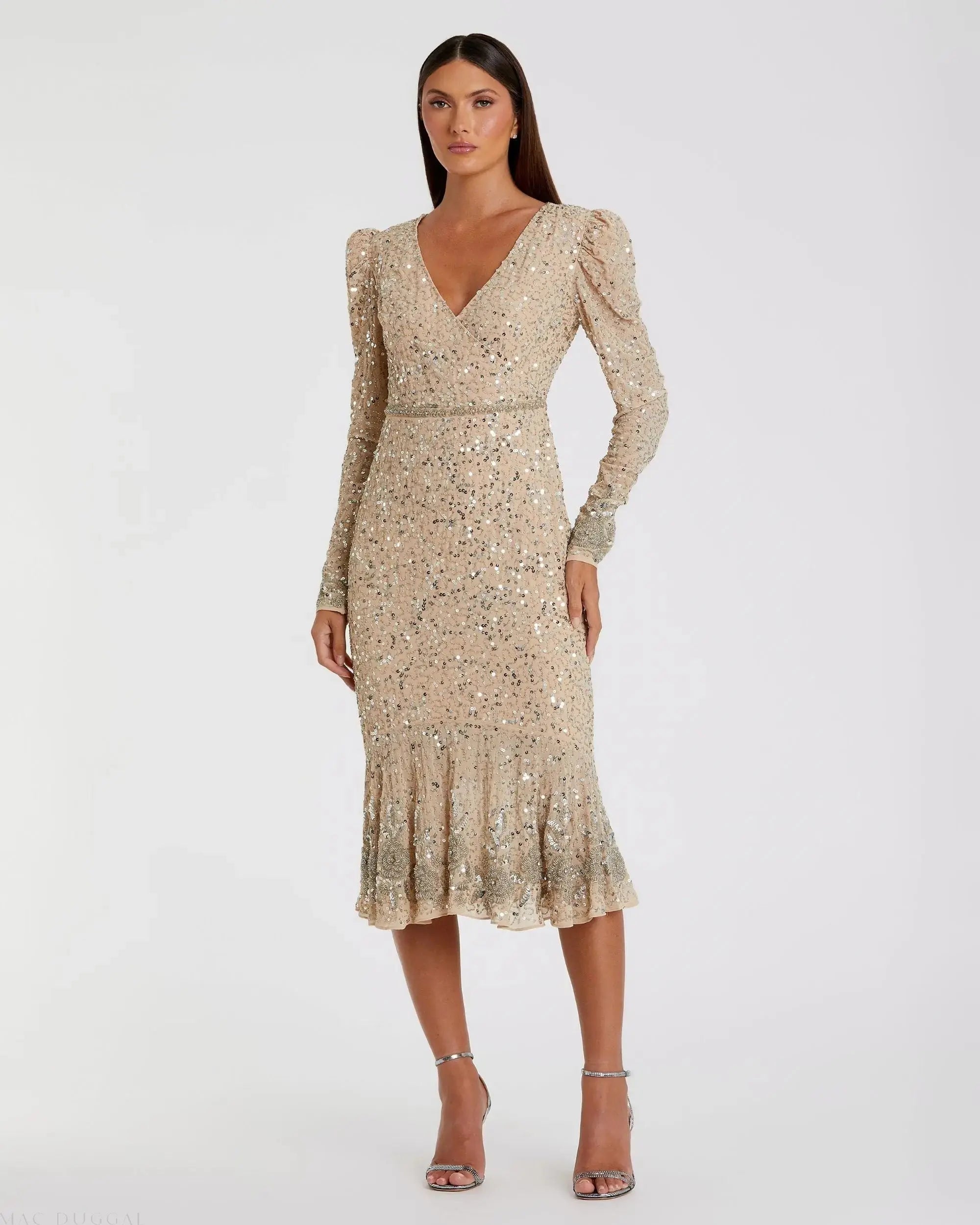 Beige Sequin Dress with Beaded Hemline and Belt - FINAL SALE-Myartka