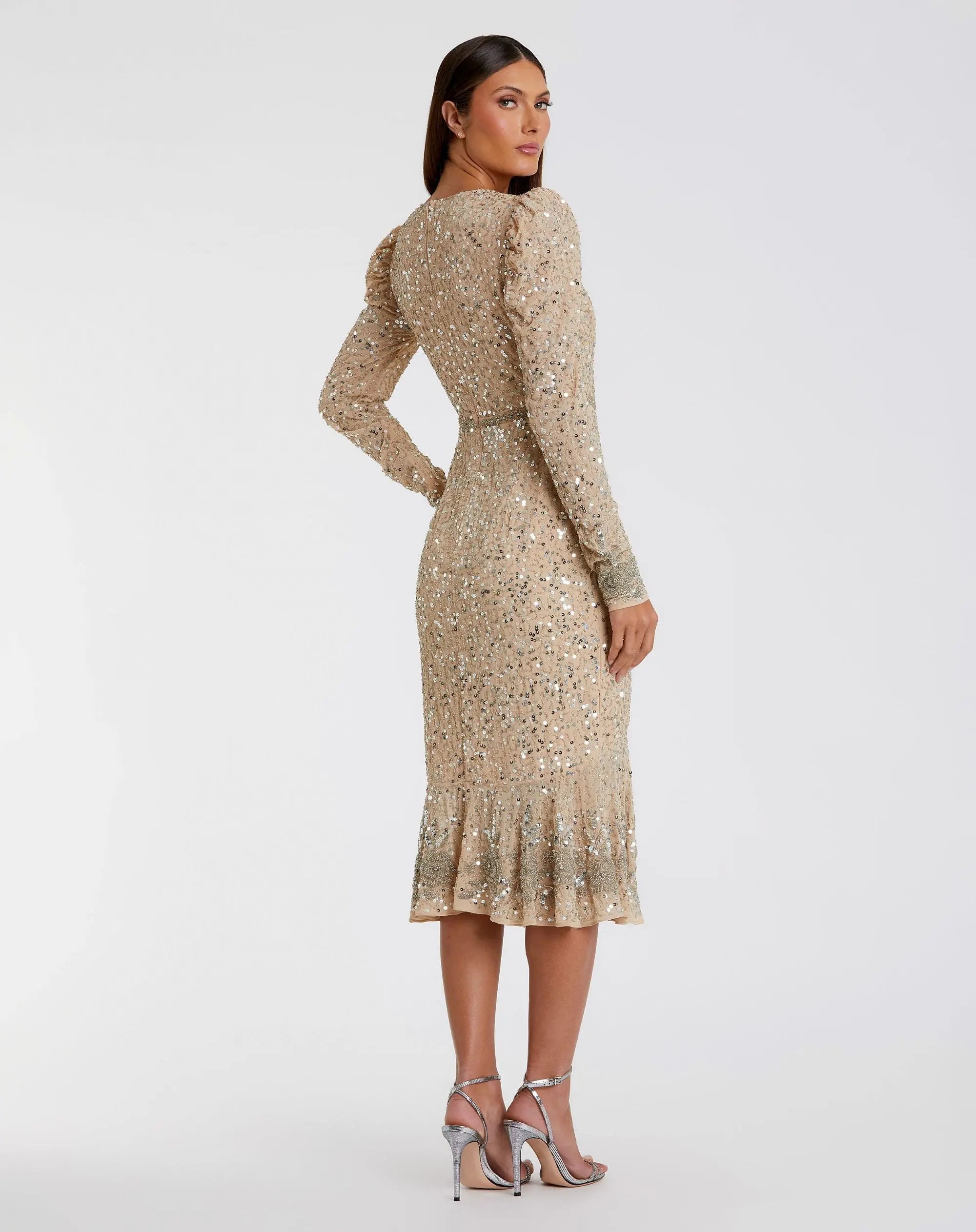 Beige Sequin Dress with Beaded Hemline and Belt - FINAL SALE-Myartka
