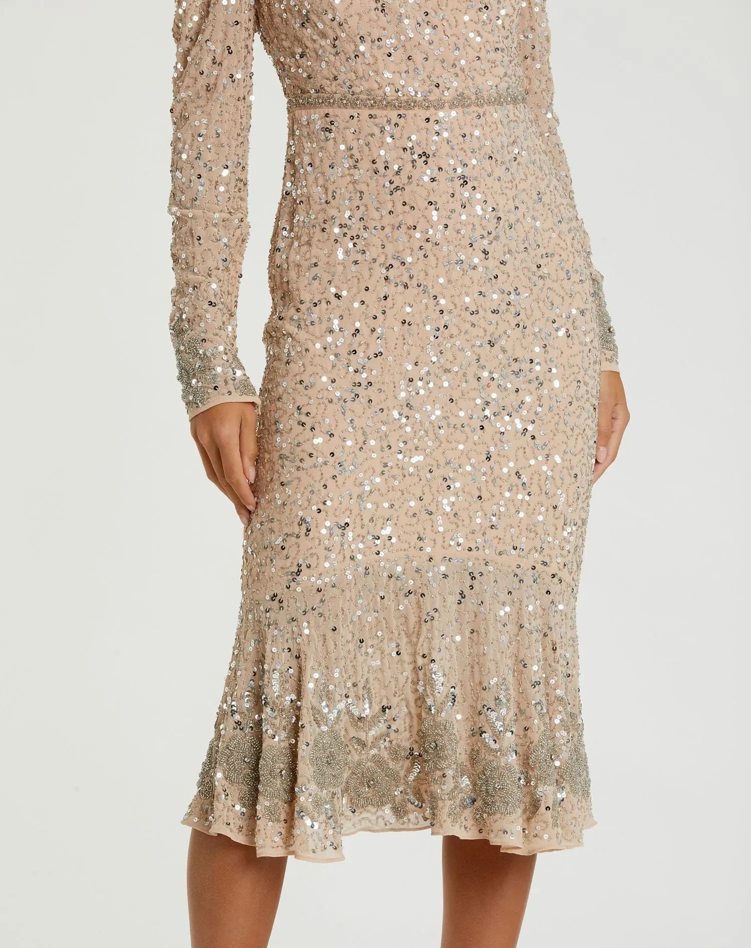 Beige Sequin Dress with Beaded Hemline and Belt - FINAL SALE-Myartka