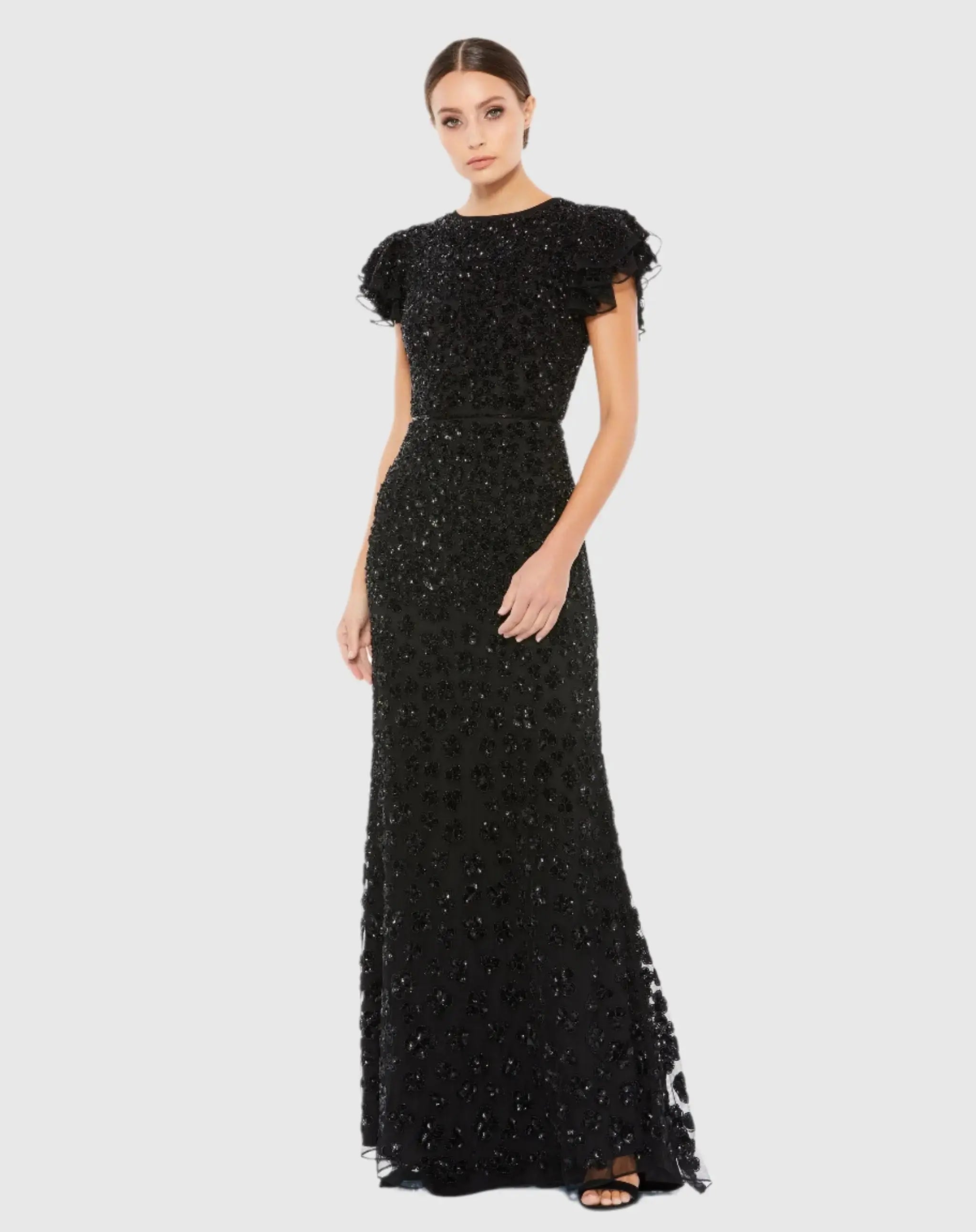 Black High Neck Flutter Cap Sleeve Gown-Myartka