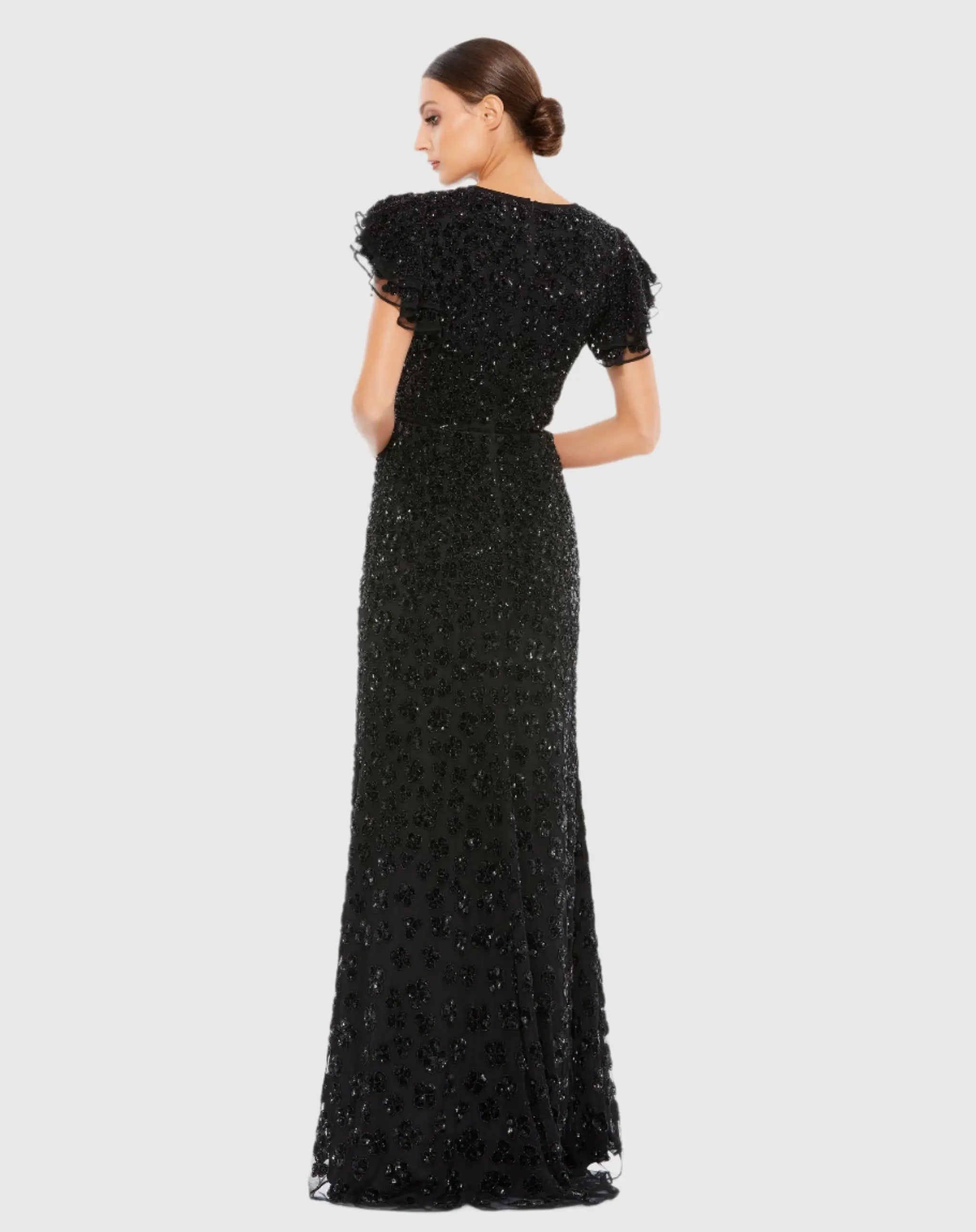 Black High Neck Flutter Cap Sleeve Gown-Myartka