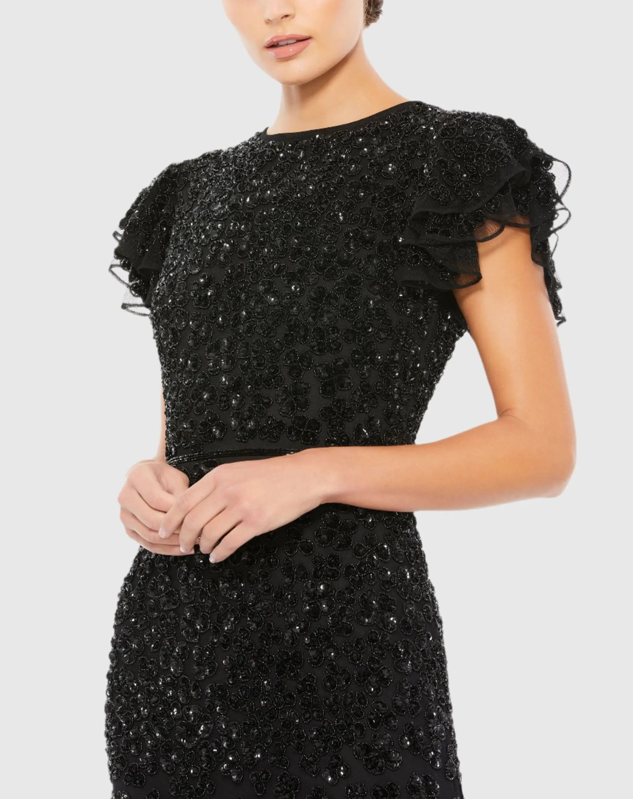 Black High Neck Flutter Cap Sleeve Gown-Myartka