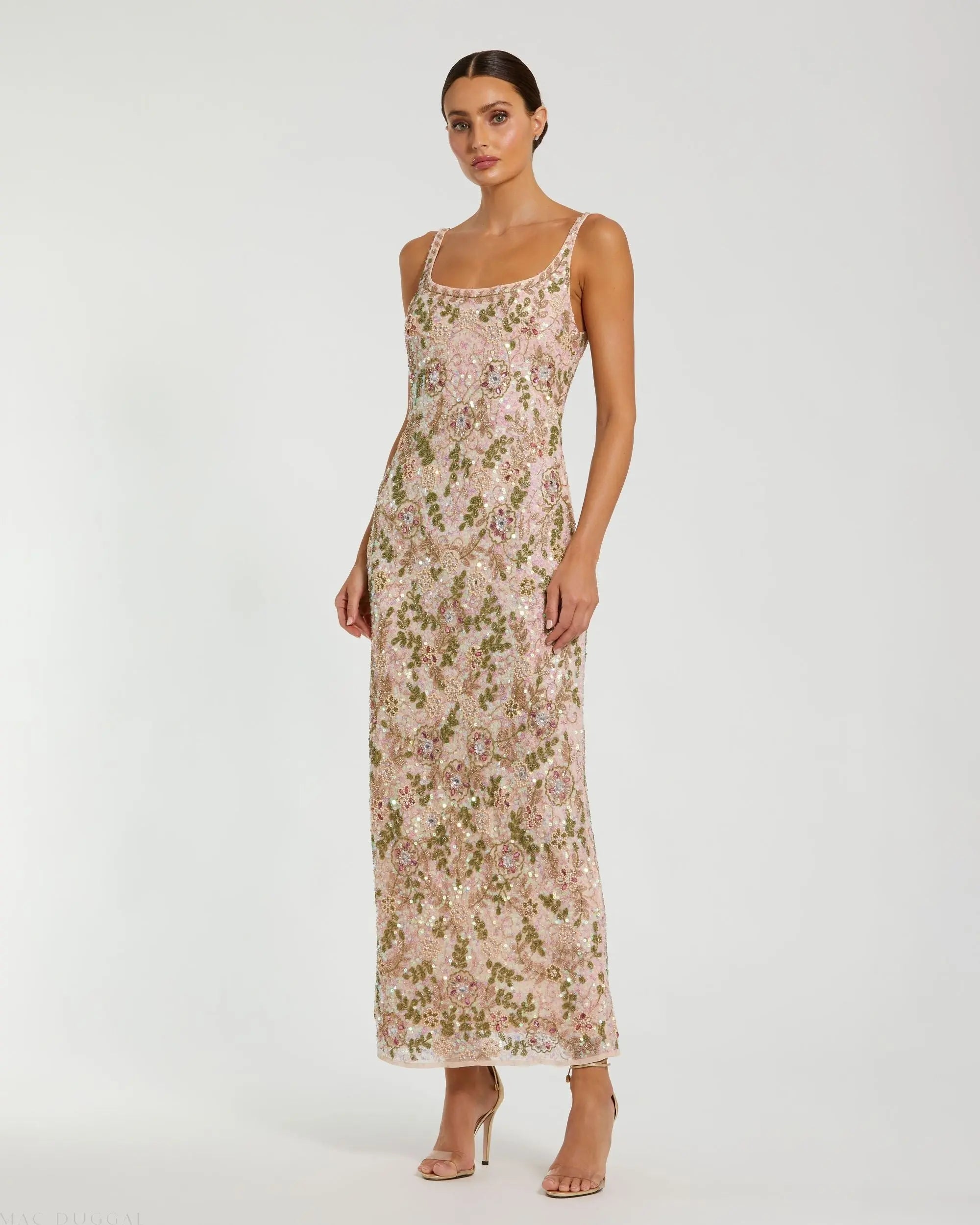 Pink Sleeveless Hand Embellished Floral Maxi Dress-Myartka