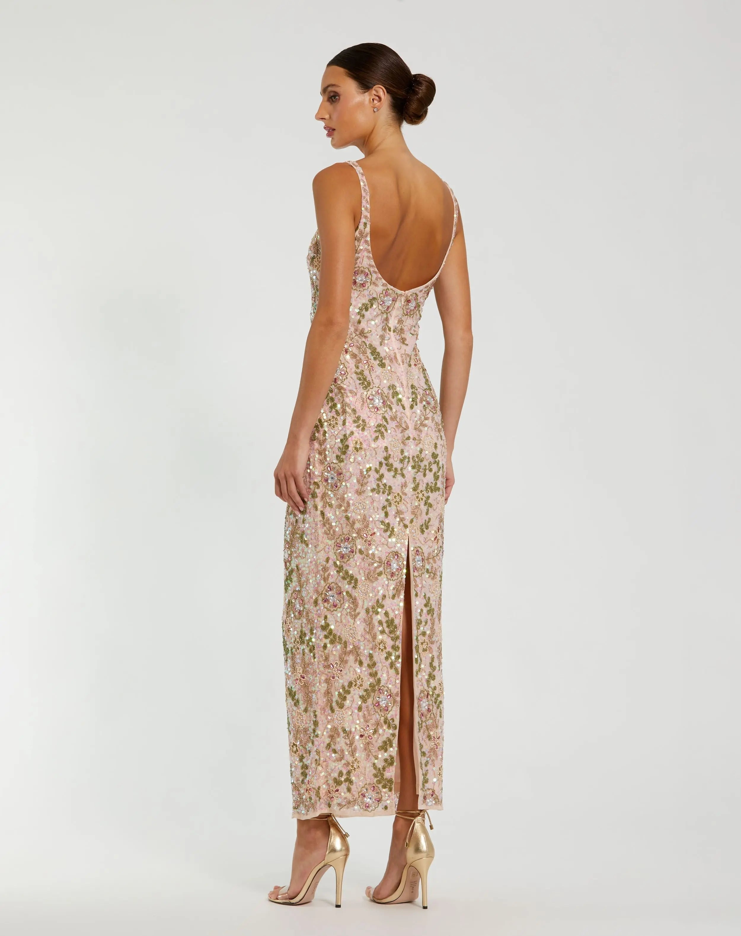 Pink Sleeveless Hand Embellished Floral Maxi Dress-Myartka