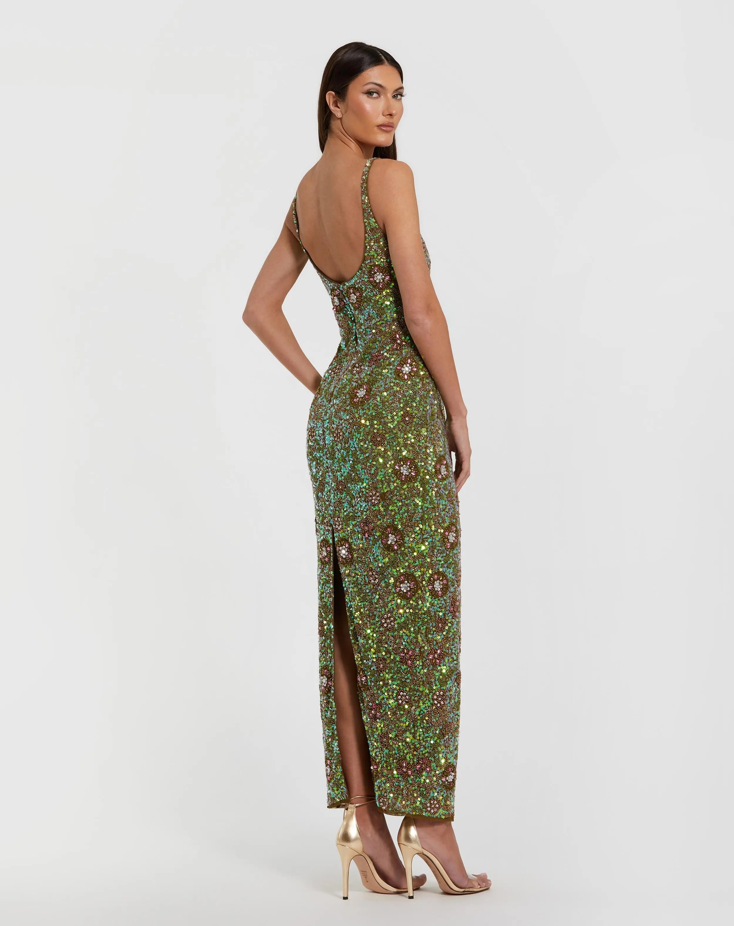Green Sleeveless Hand Embellished Floral Maxi Dress-Myartka