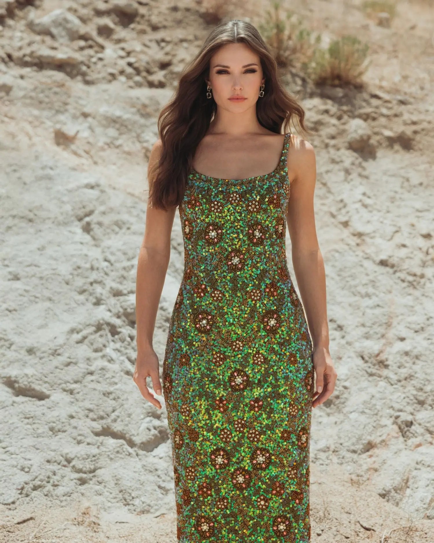 Green Sleeveless Hand Embellished Floral Maxi Dress-Myartka