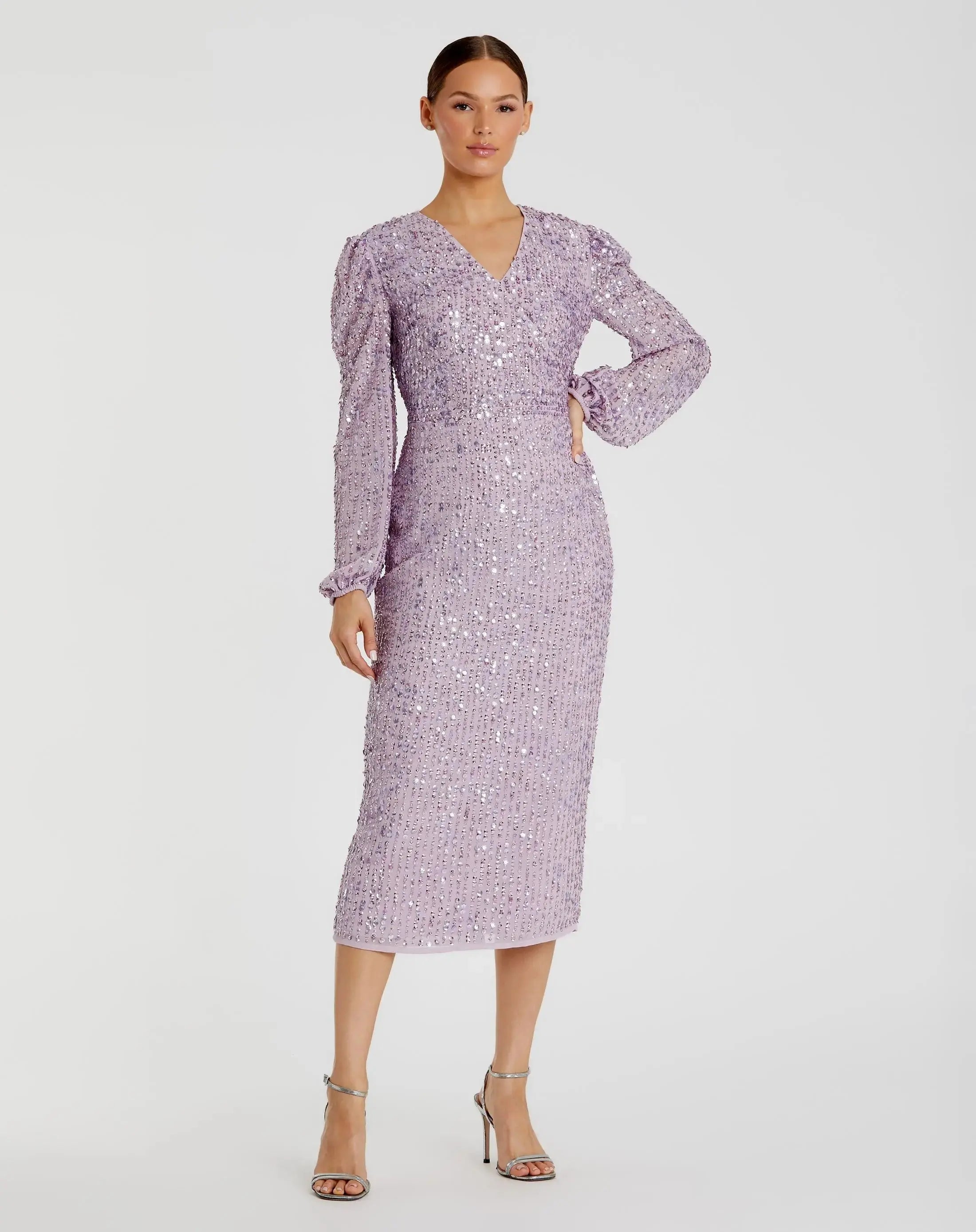 Sequined Illusion Puff Sleeve V Neck Midi Dress-Myartka