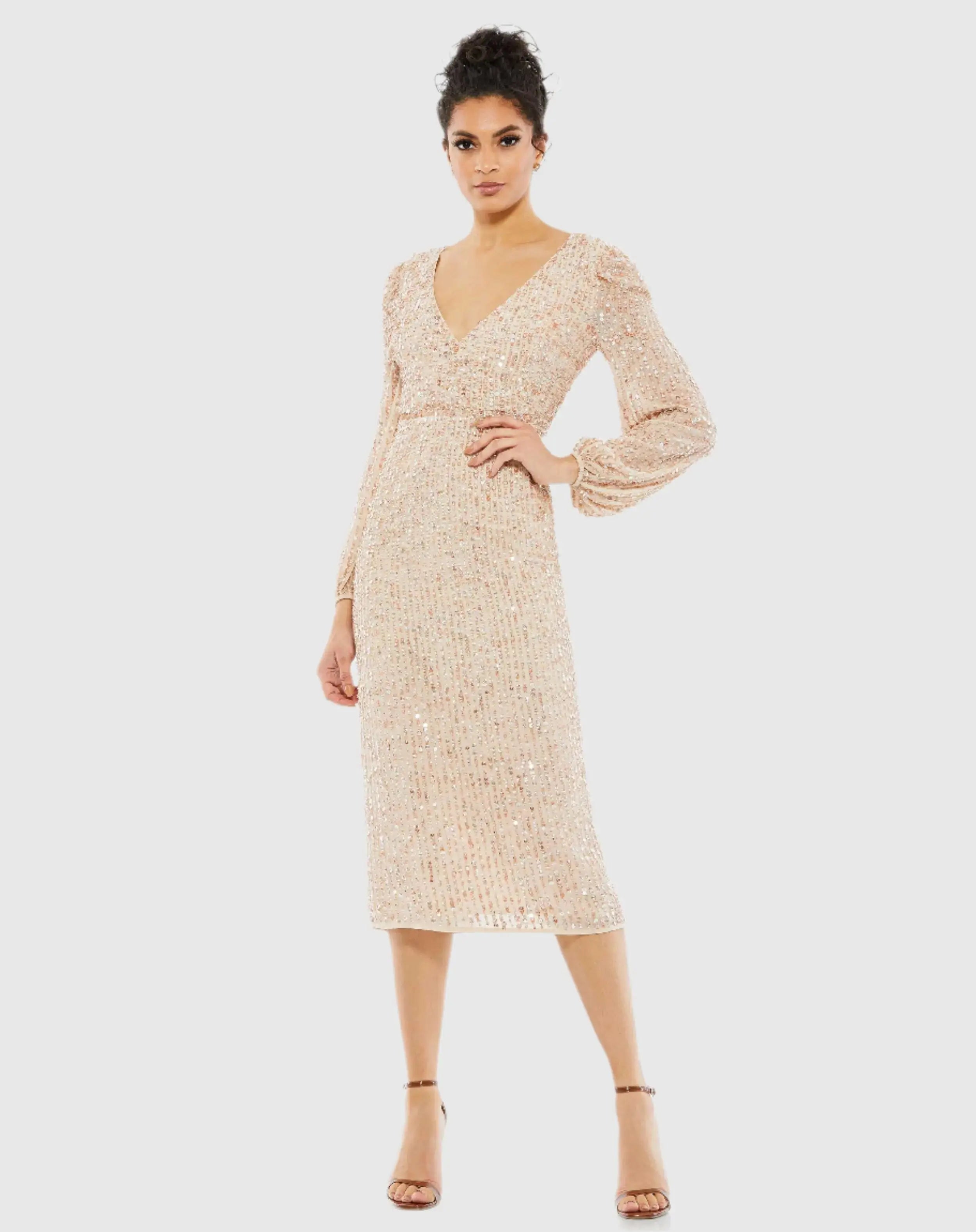 Beige Sequined Illusion Puff Sleeve V Neck Midi Dress-Myartka